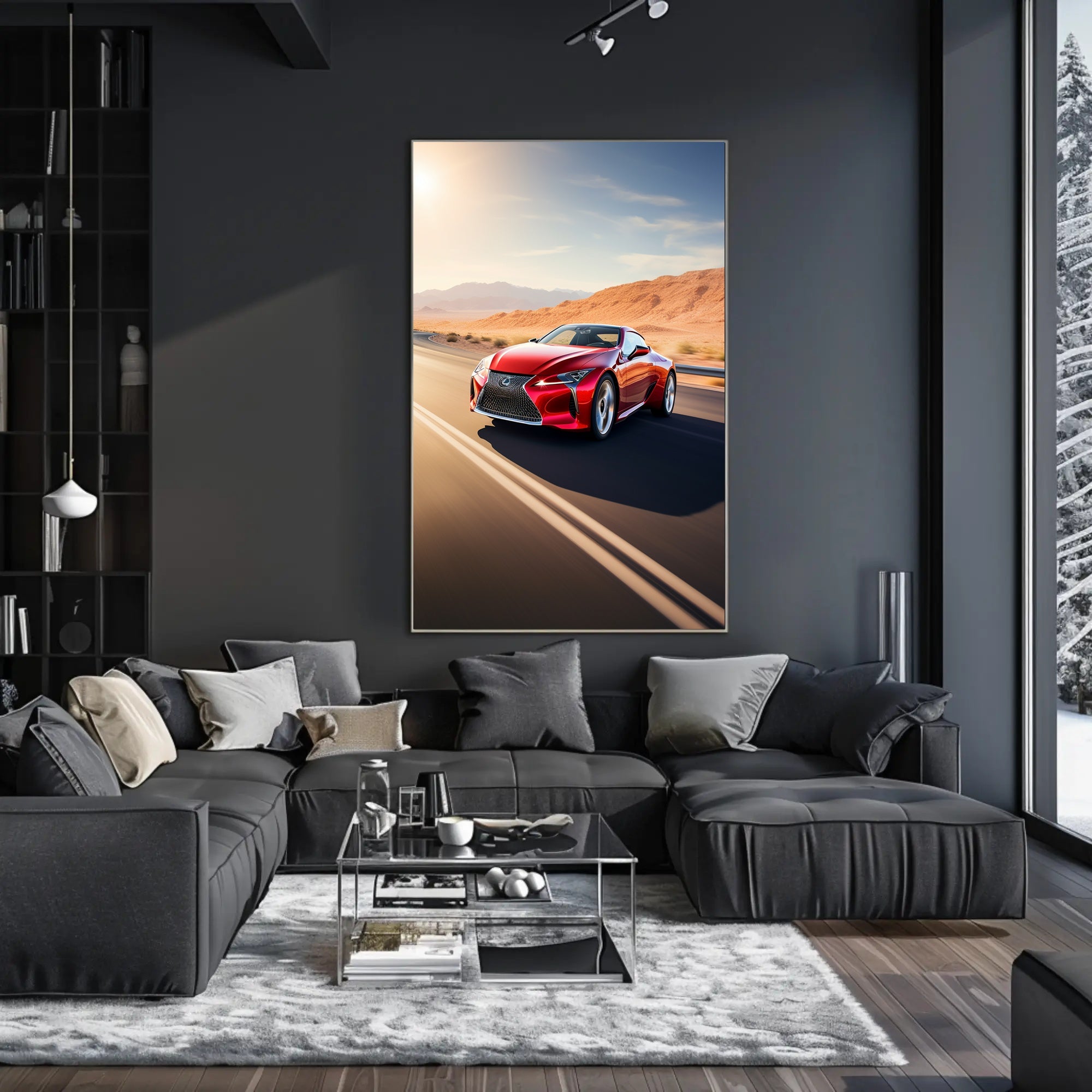 Red Sports Car in Motion Poster PosterGoat