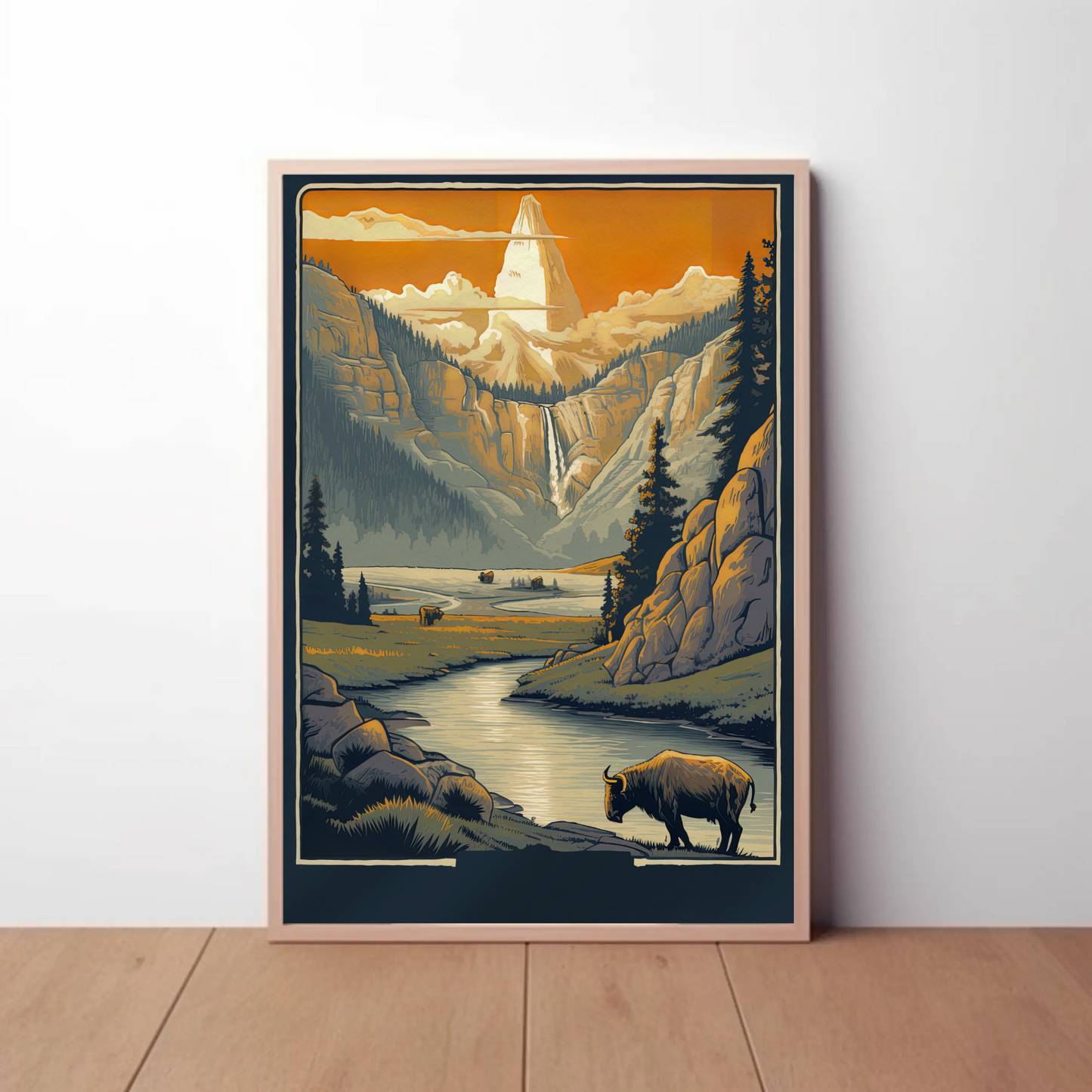 Mountain Valley Yellowstone Bison Scene Travel Poster