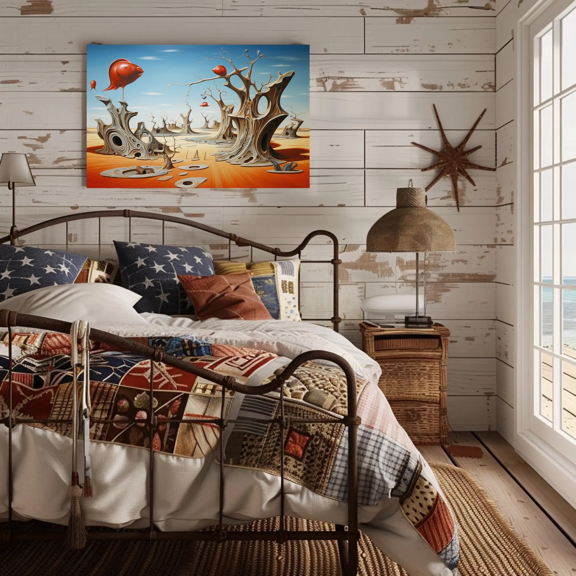 Surreal Desert Dreamscape With Whimsical Fish Objects - Artistic Poster