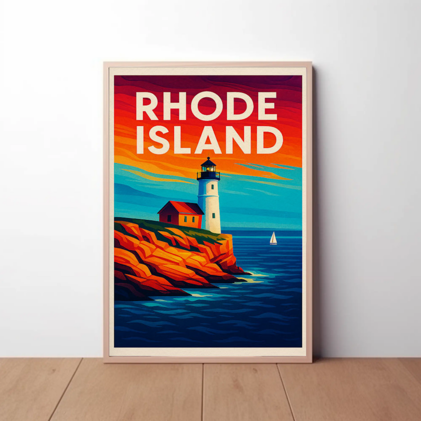 Rhode Island Coast Lighthouse Ocean Sunset Travel Poster