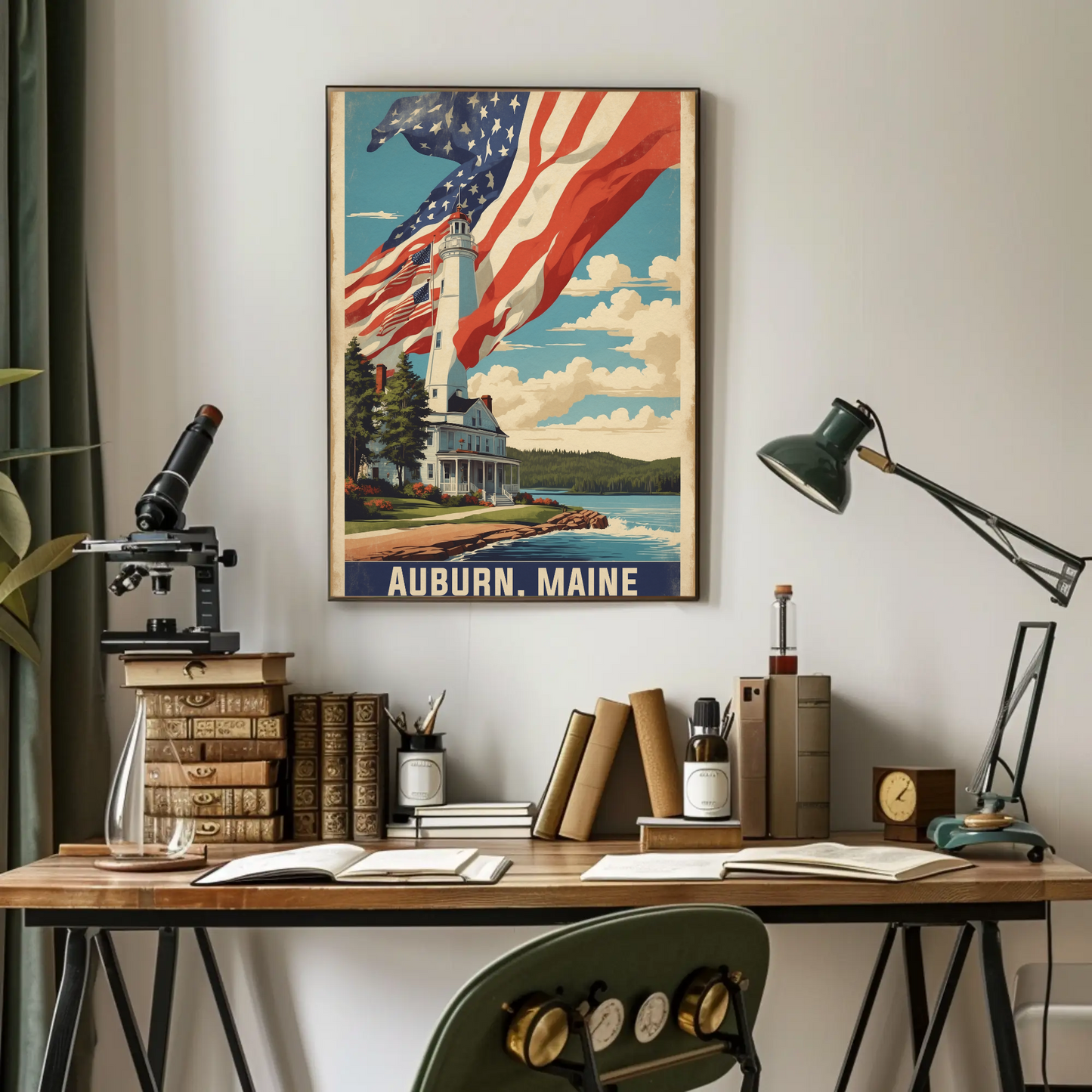 Auburn Maine Lighthouse Coastal Home Vintage Travel Poster