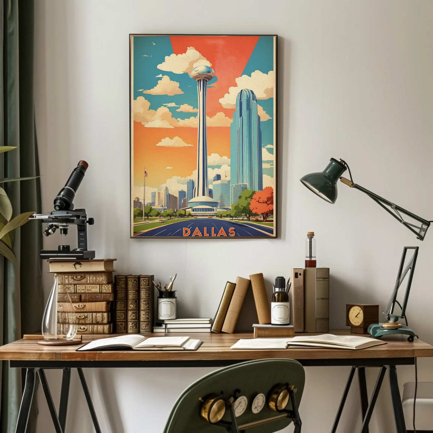 Dallas Texas Skyline Reunion Tower Vintage Travel Poster