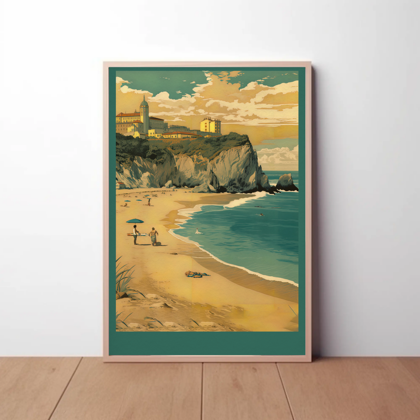 Beach Cliffs Town Above Coastline Portugal Travel Poster