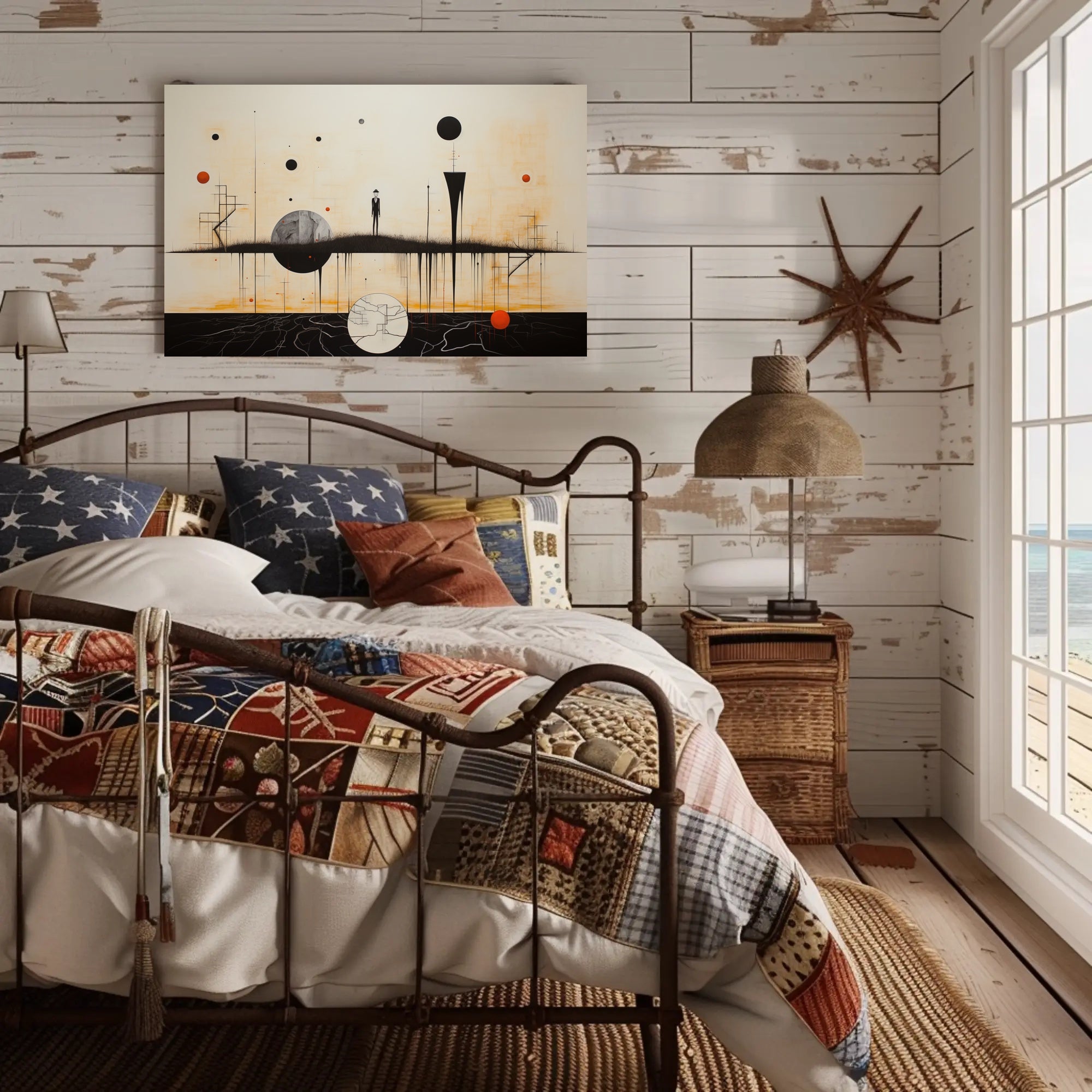 Surrealist Minimalist Scene with Celestial Bodies: Artistic Poster