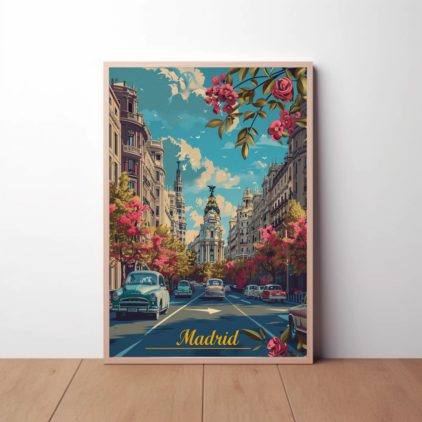 Madrid Spring Streetscape Flowers Cars Classic Travel Poster