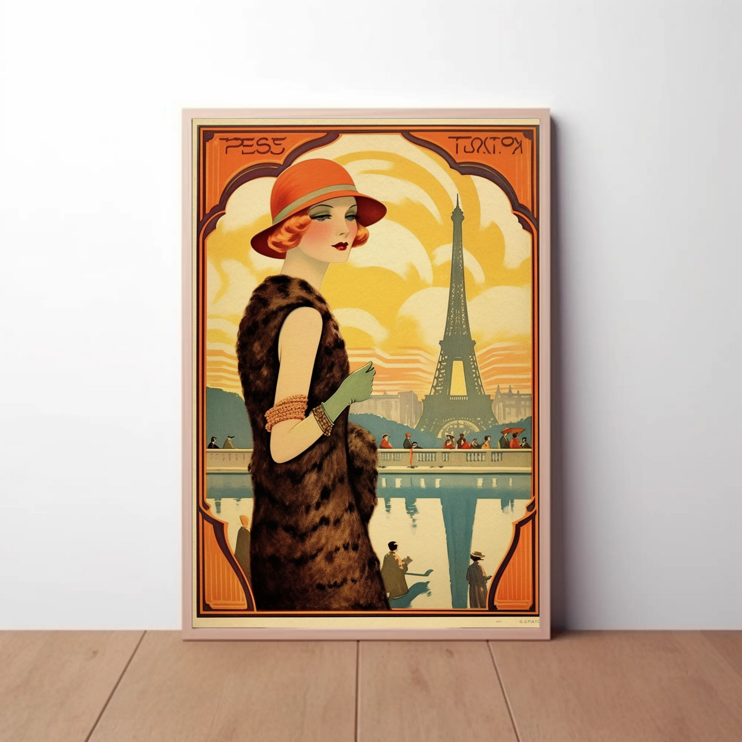 Paris Eiffel Tower Art Deco Lady Fashion Travel Poster