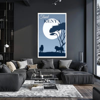 Kenya Silhouette Travel Print with Majestic Lions and Moonlight