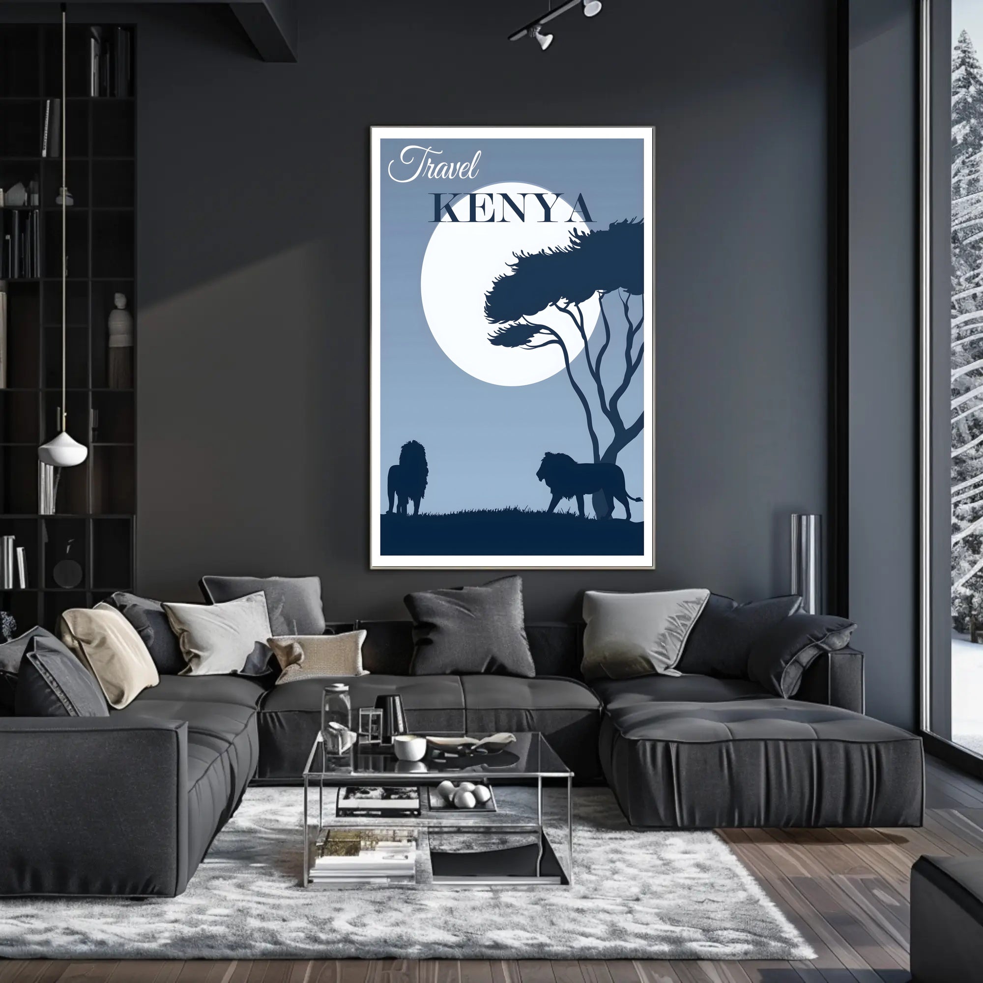 Kenya Silhouette Travel Print with Majestic Lions and Moonlight
