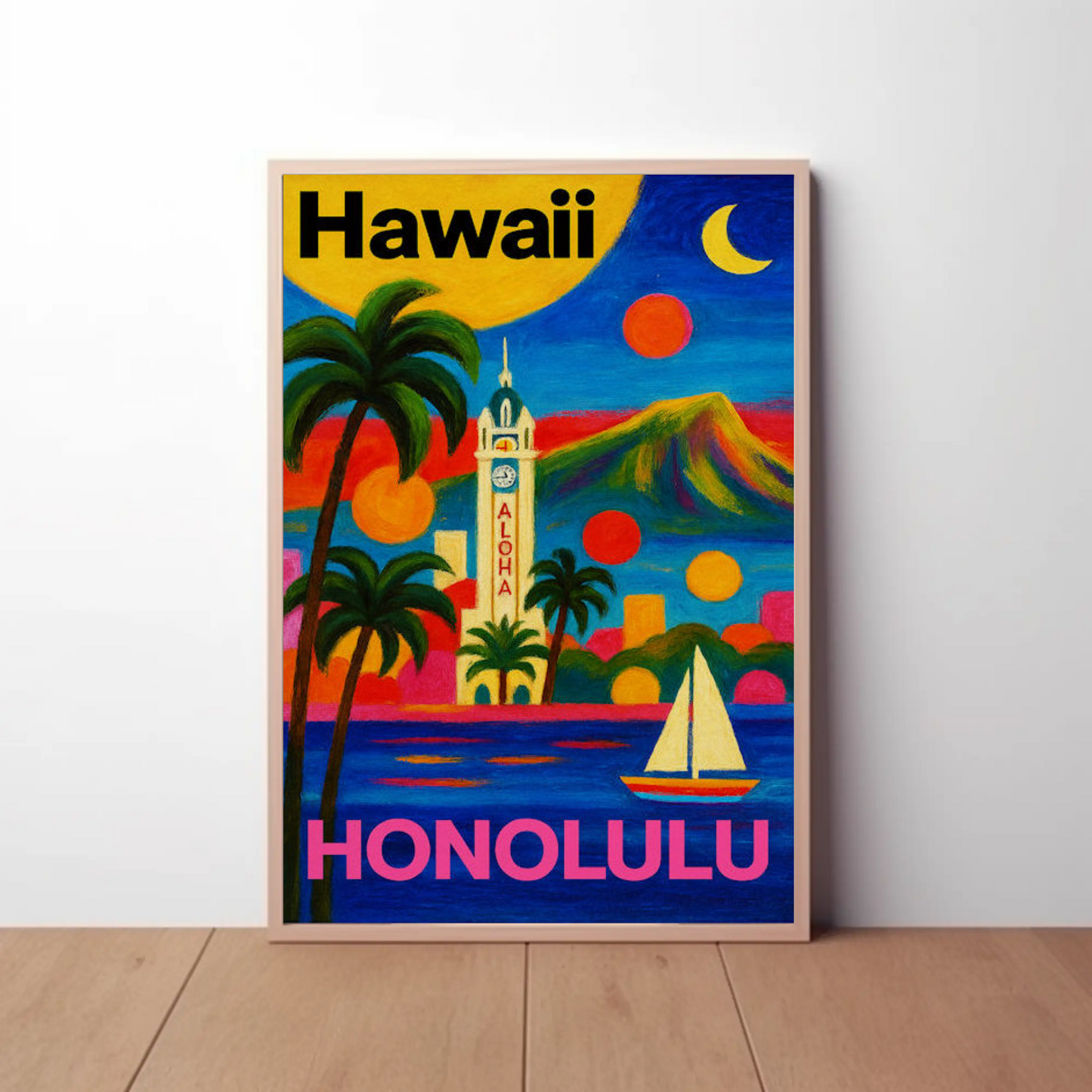 Honolulu Hawaii Tower View With Sunset Colors Travel Poster