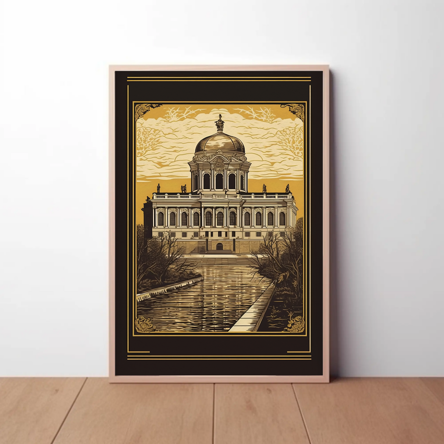 Baroque Palace Reflection Canal Scene Travel Poster