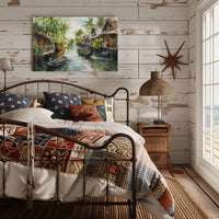 Serene Asian Floating Village Impressionistic Art Poster