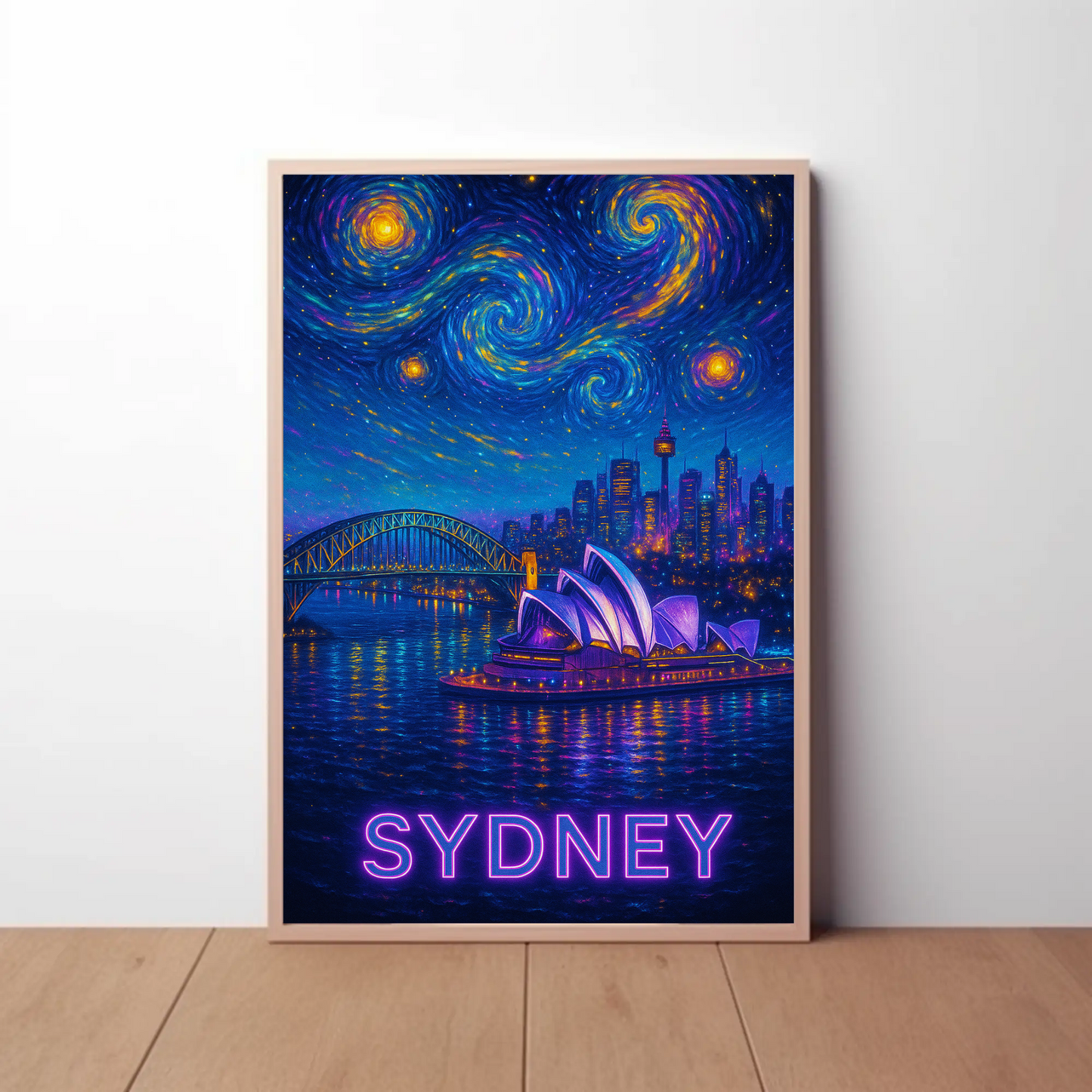 Sydney Harbor Opera House Neon Starry Night Travel Poster