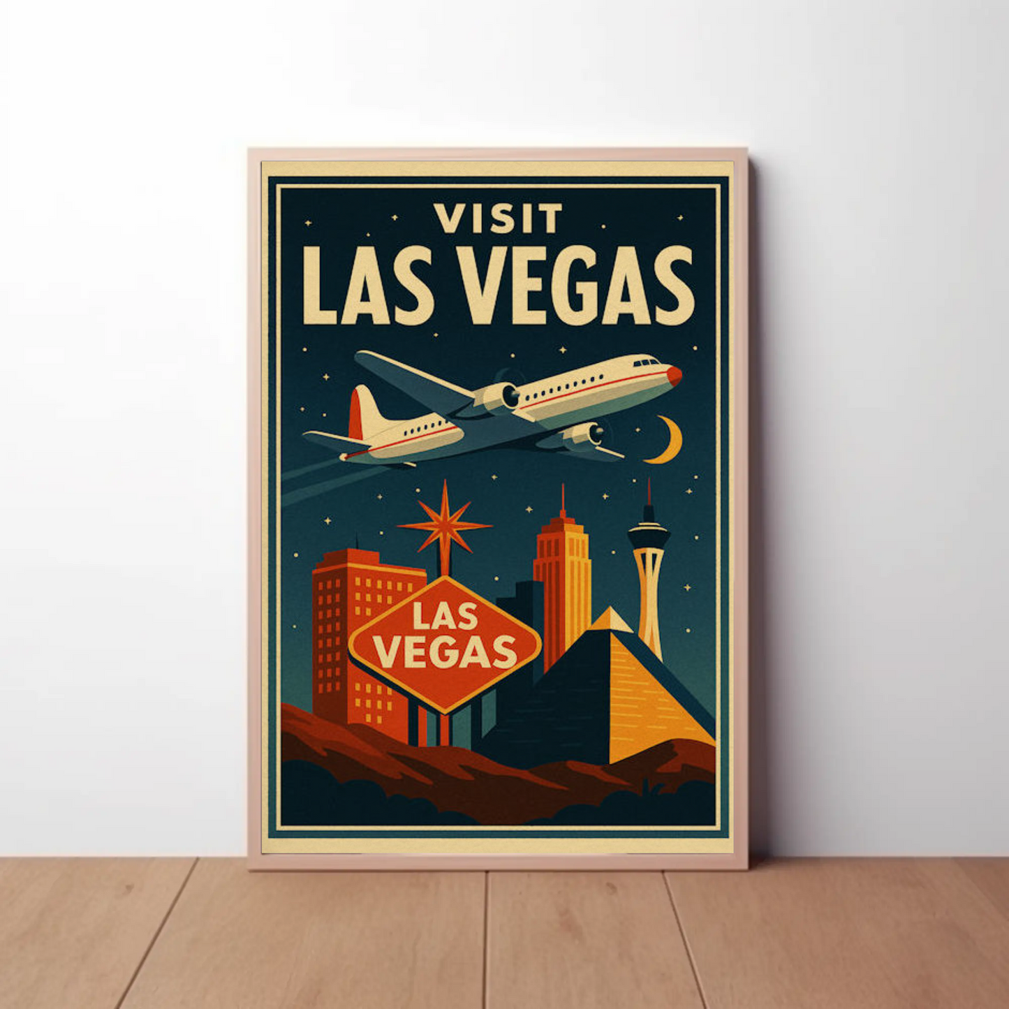 Visit Las Vegas Stylized Airliner Night Neon Glow Travel Poster