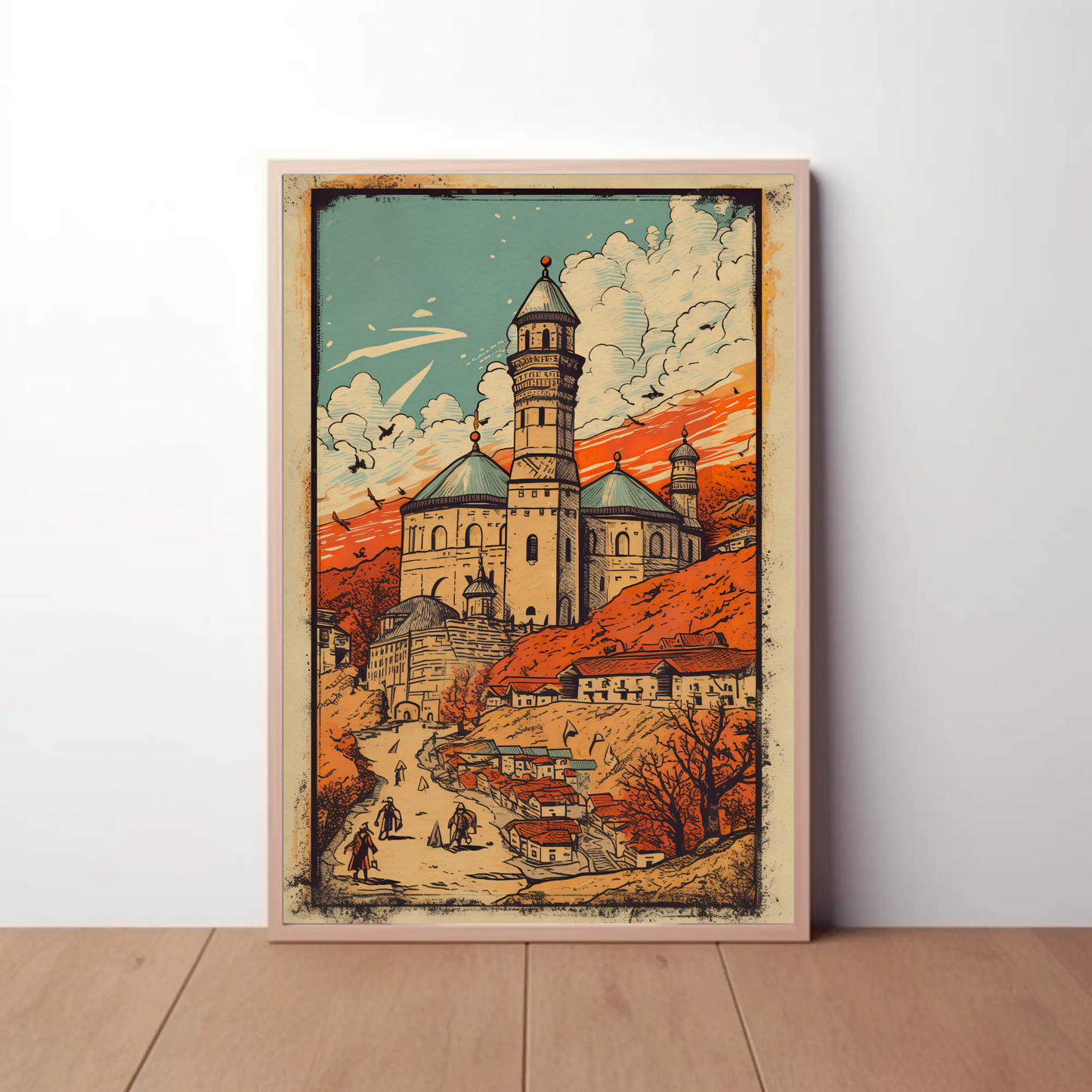 Eastern Fortress And Red Sunset Village Travel Poster