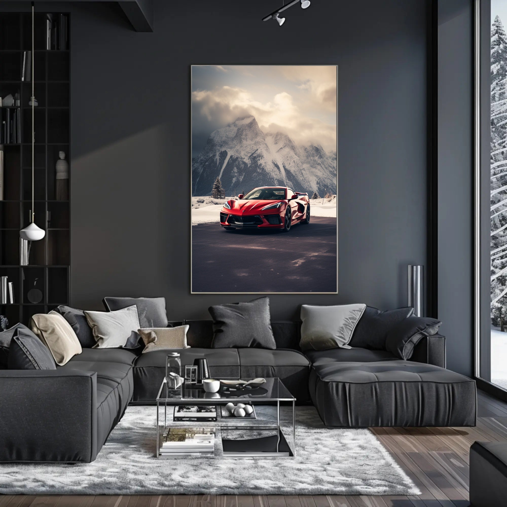 Sleek Red Sports Car in Alpine Landscape Poster PosterGoat