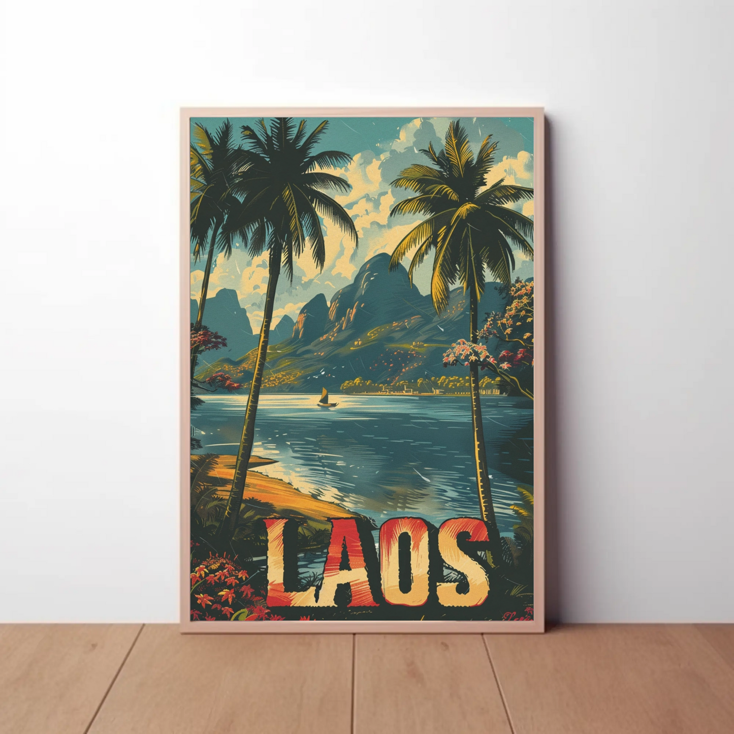 Laos Palm Trees River Mountain Jungle View Travel Poster