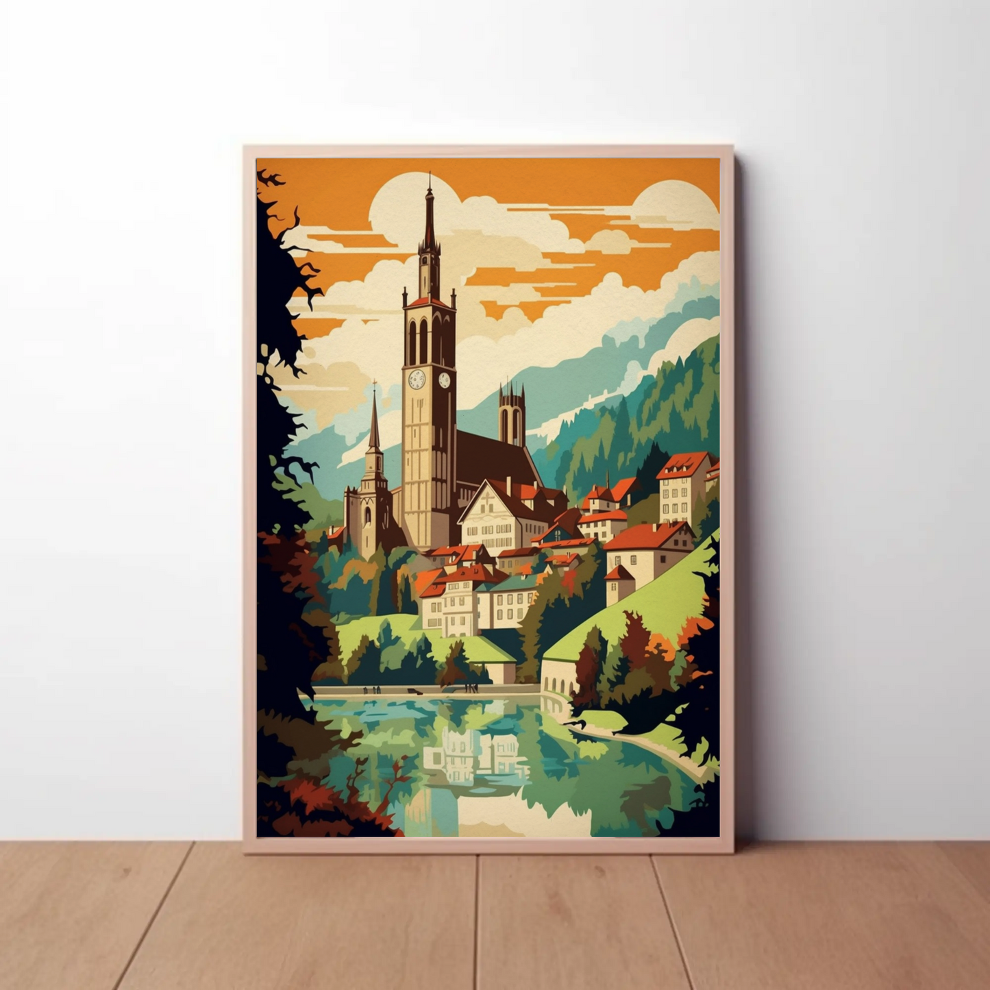 Alpine Village Church Tower Mountain View Travel Poster