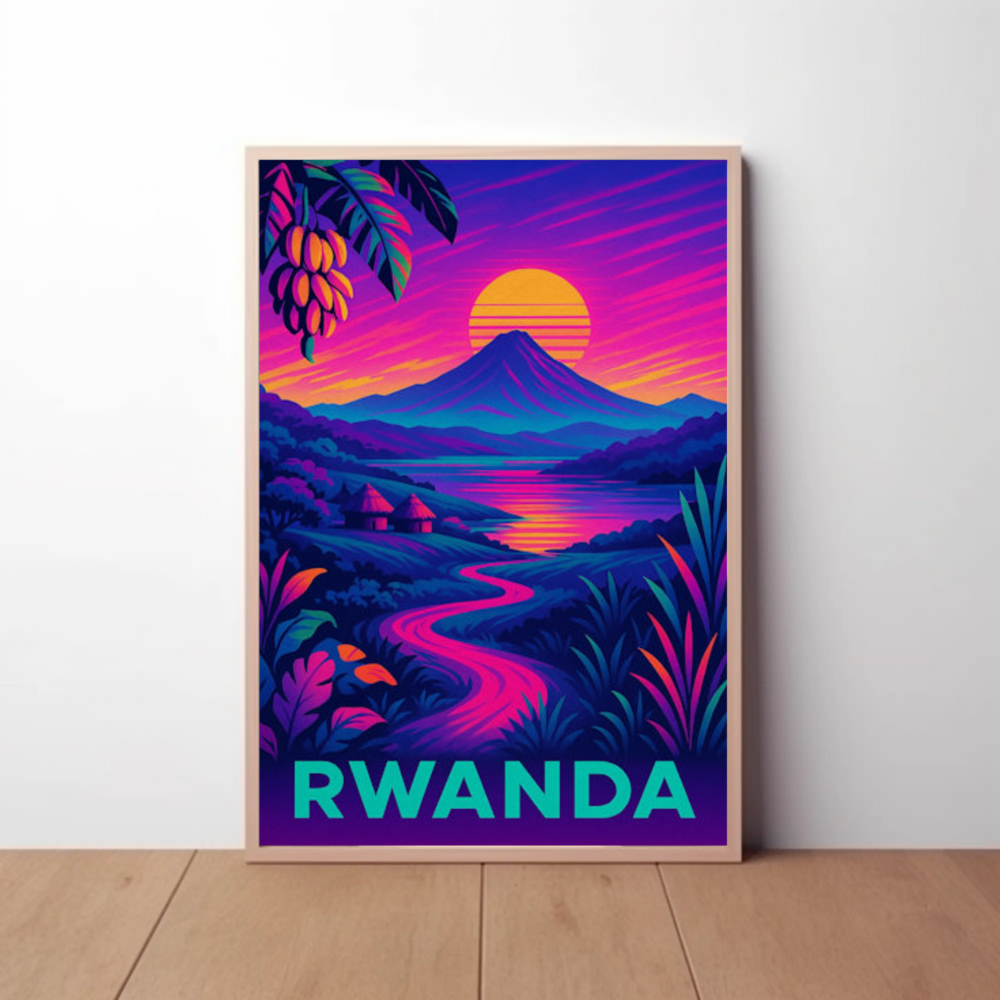 Rwanda Neon Night Valley Sunset Travel Poster