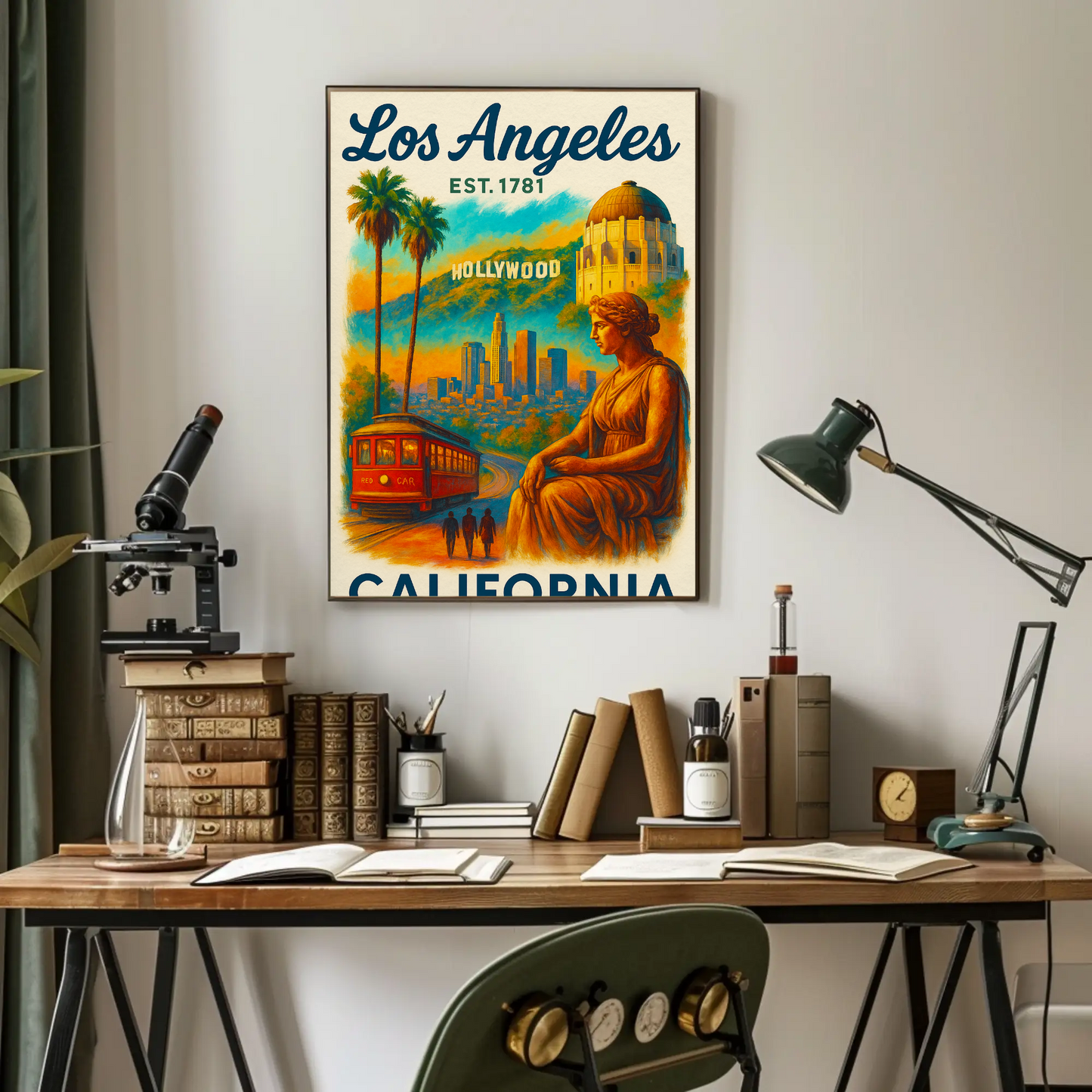 Los Angeles Hollywood Griffith Trolley Sunset Vintage Travel Poster