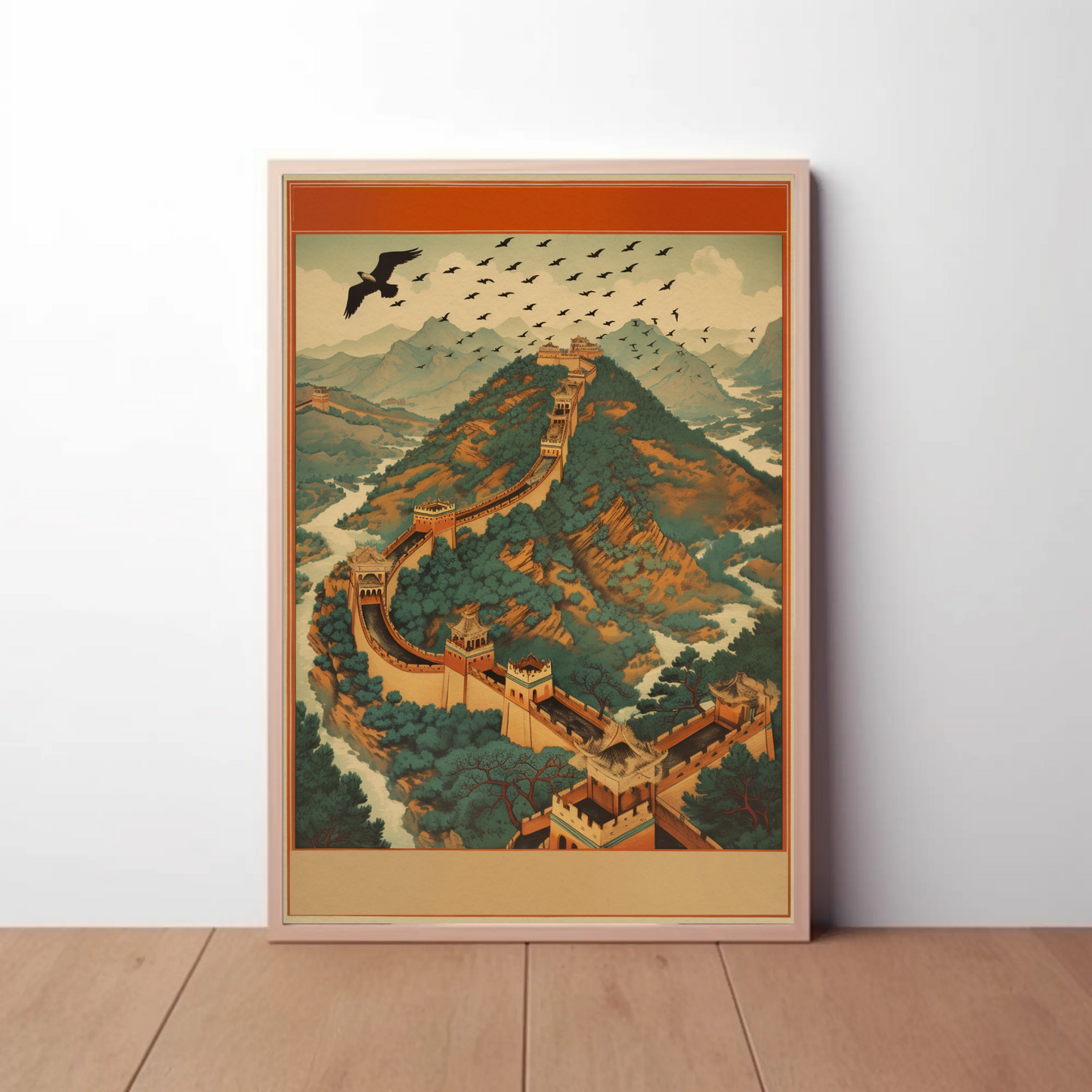 Great Wall Soaring Eagle Over Mountains Travel Poster
