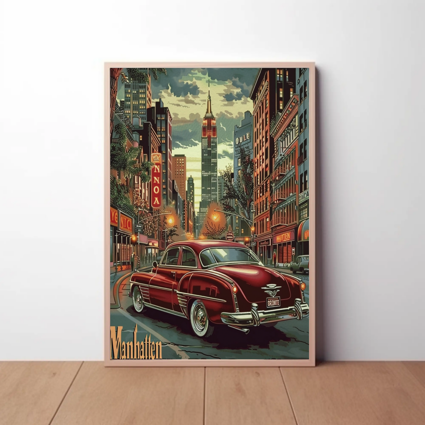 Manhattan Empire Lights and Cars Travel Poster
