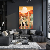 Sunset Riders in a Desert Cityscape Poster