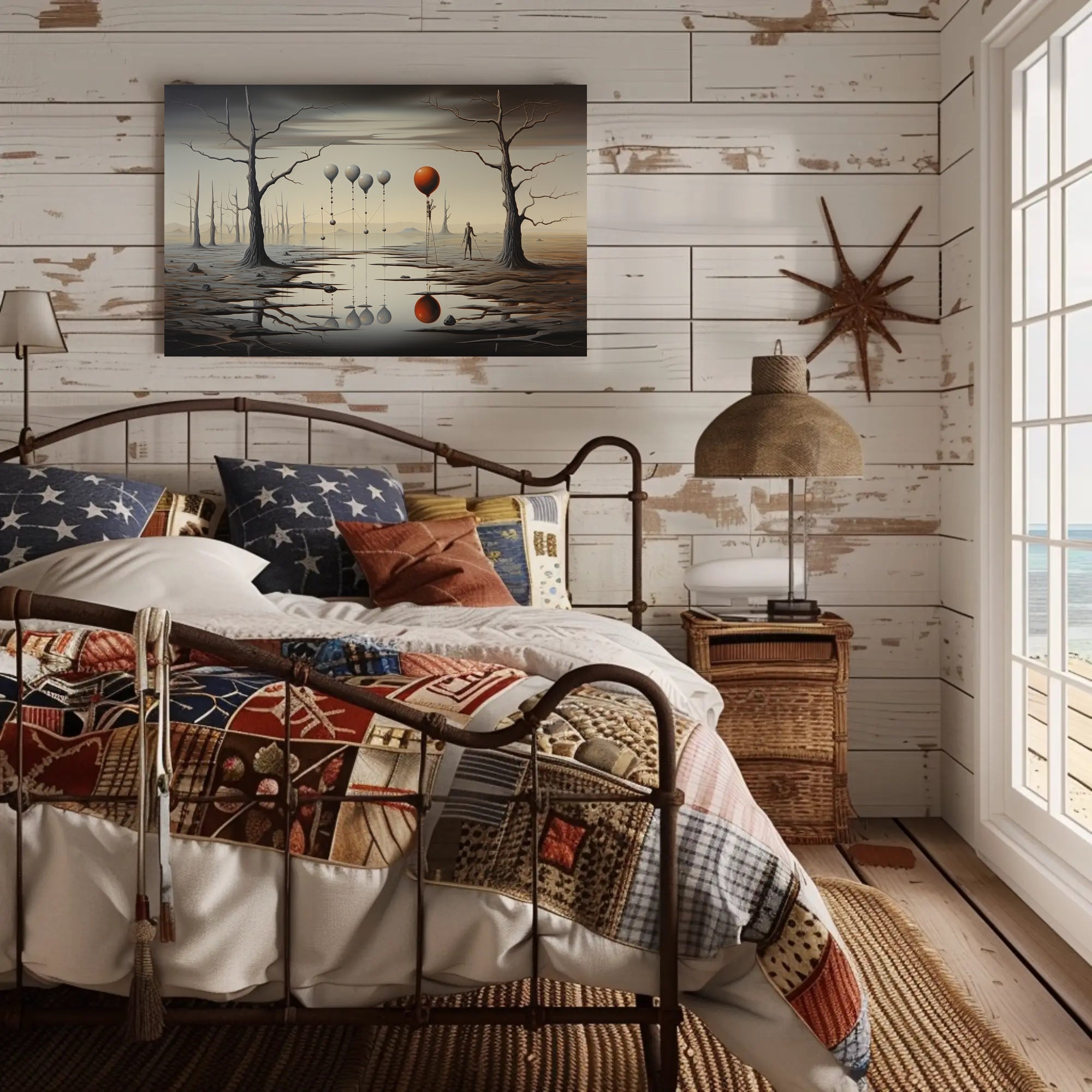 Surreal Landscape with Balloons and Figure Artistic Poster