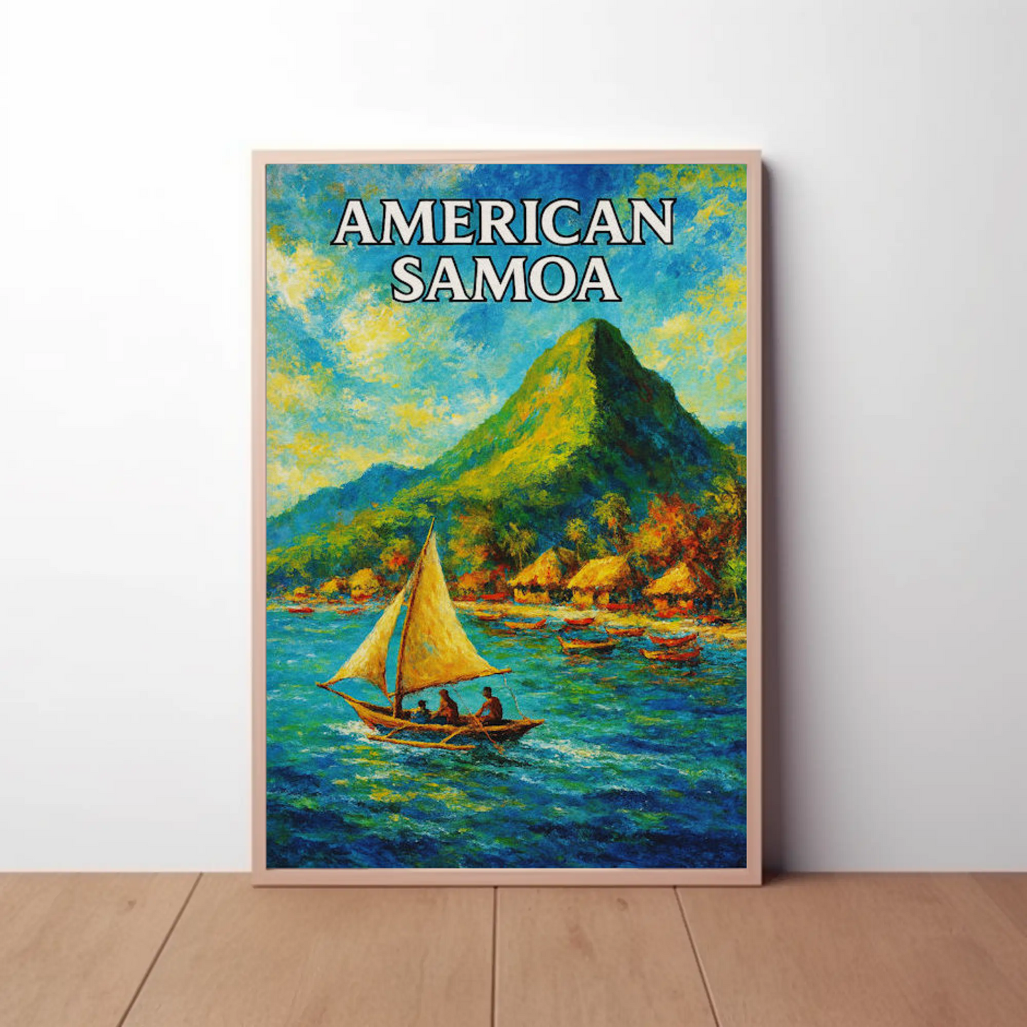 American Samoa Sailing Boats Mountain Coast Travel Poster