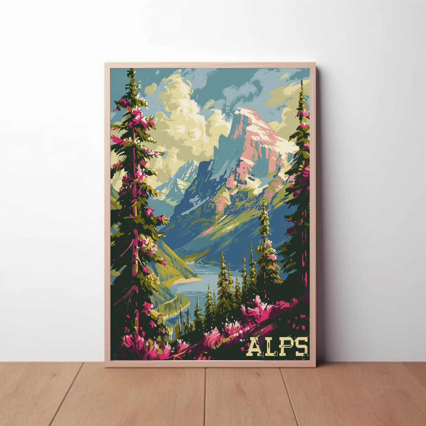 Alps Pink Flowers Lake Valley Peaks Travel Poster