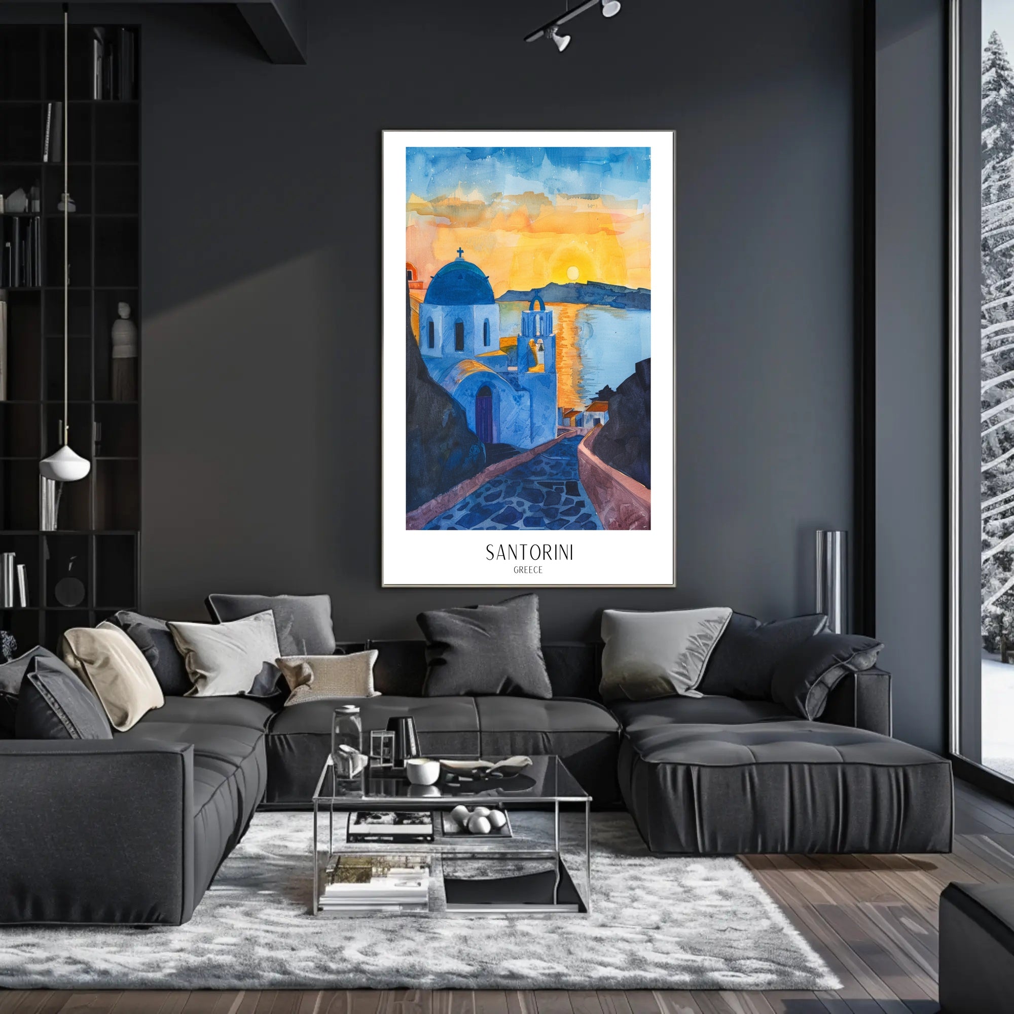 Santorini Sunset Watercolor Travel Poster PosterGoat