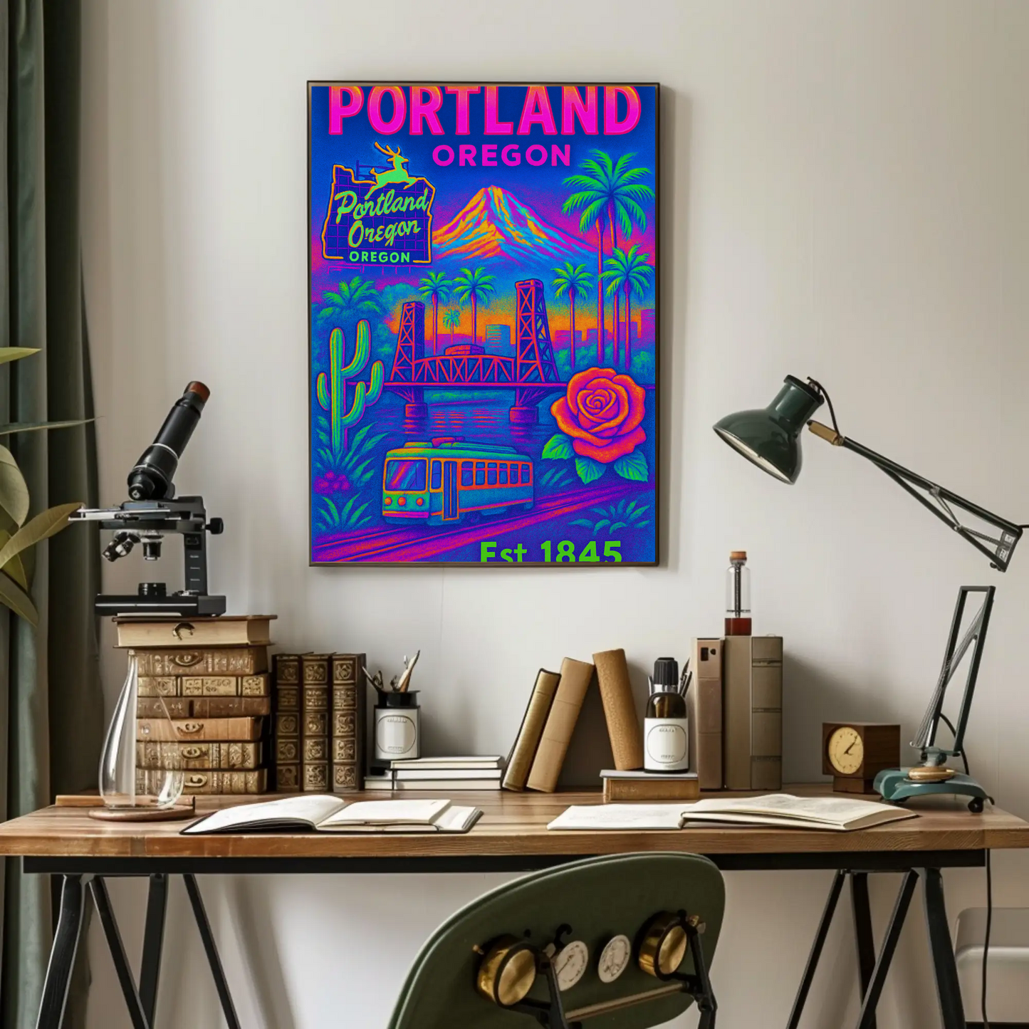 Portland Oregon Rose Bridge Mountain Vintage Travel Poster