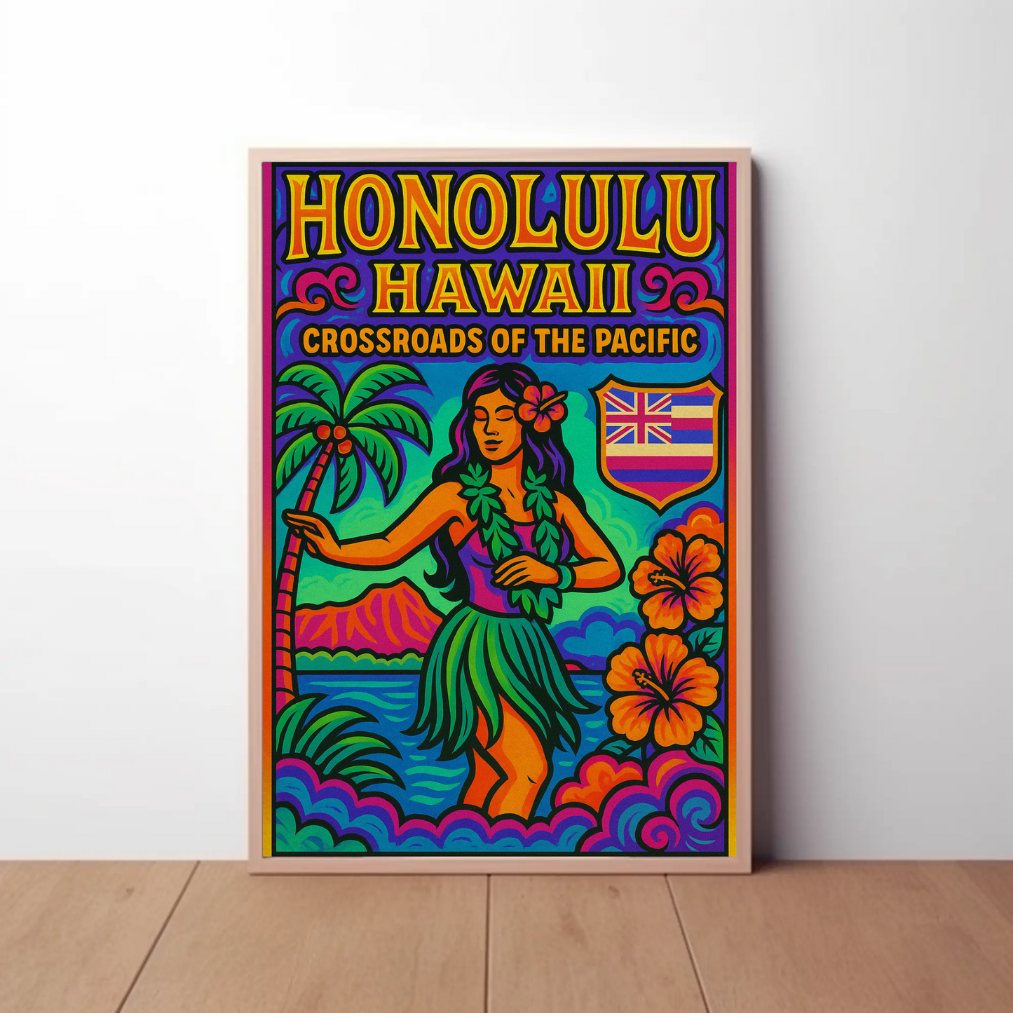 Honolulu Hawaii Pacific Vibrant Dancer Ocean Travel Poster