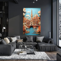 Amsterdam Canal Bridge Scene with Whimsical Urban or Cityscape Poster