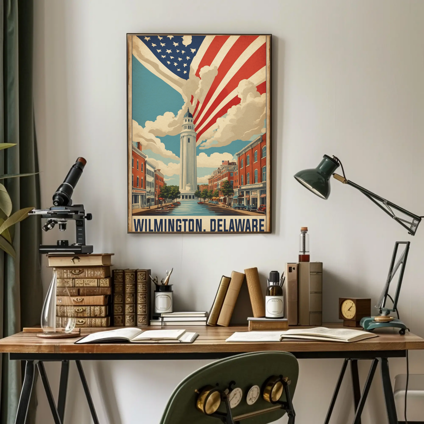 Wilmington Delaware Tower And Flag Streetscape Vintage Travel Poster