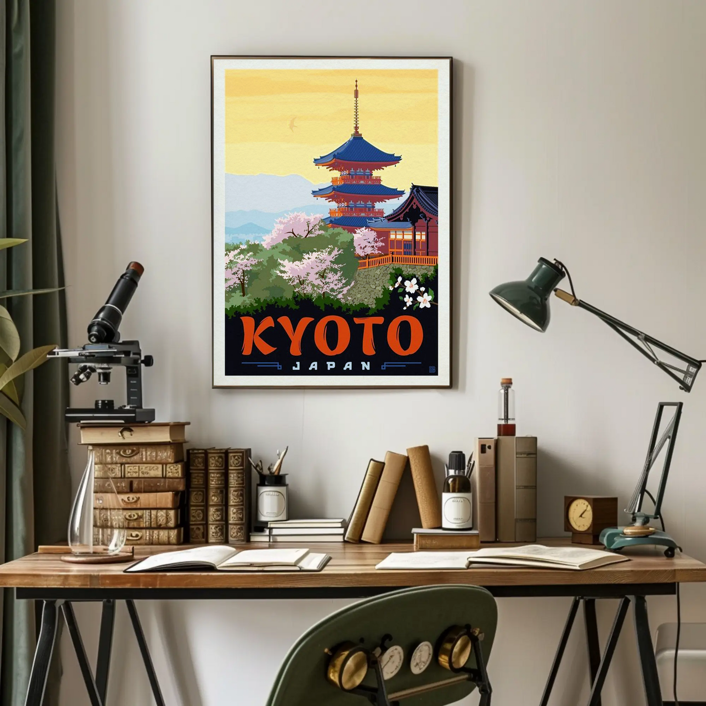 Kyoto Japan Pagoda Cherry Blossoms Temple Scene Vintage Travel Poster