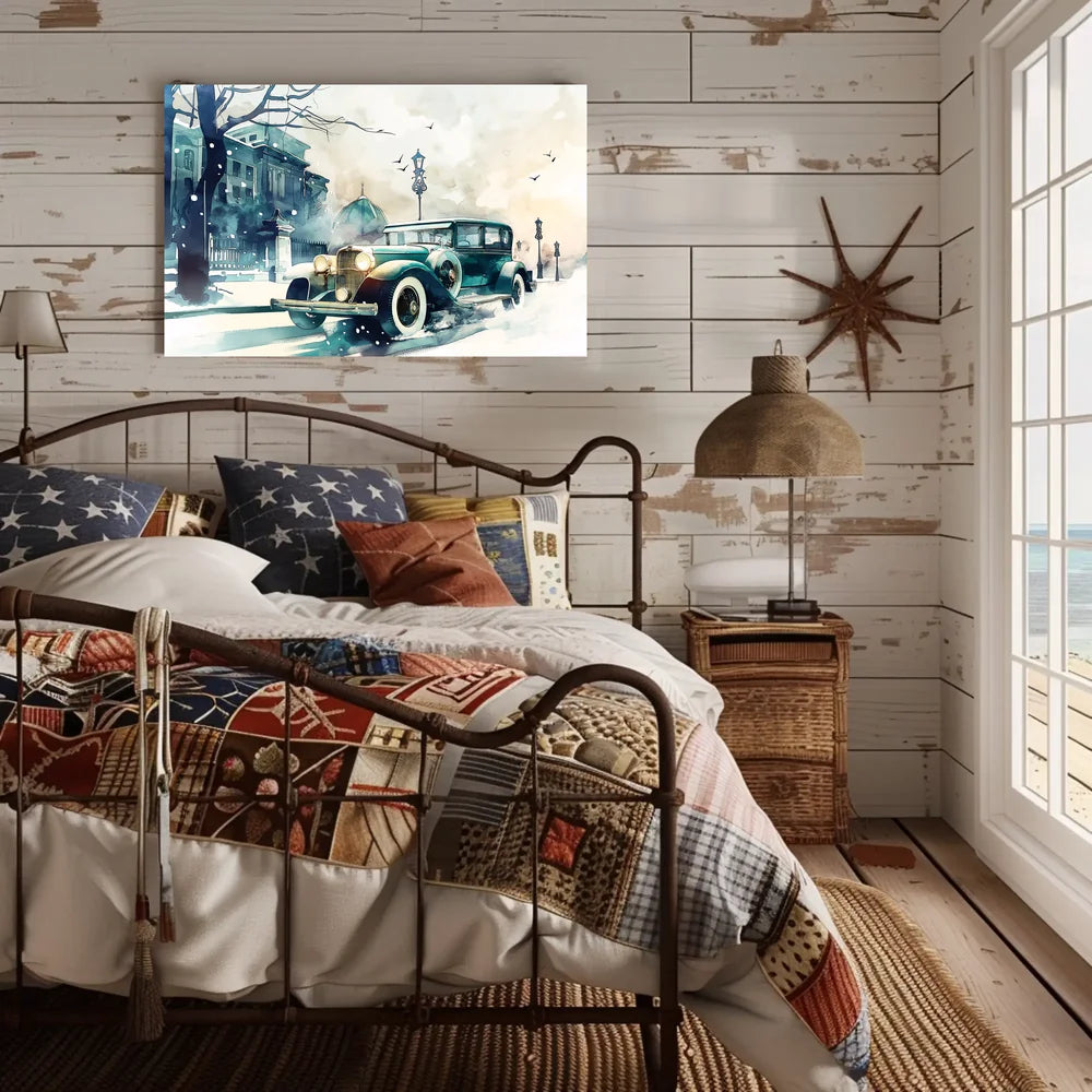 Vintage Winter Car Scene: Nostalgic Urban Elegance Poster