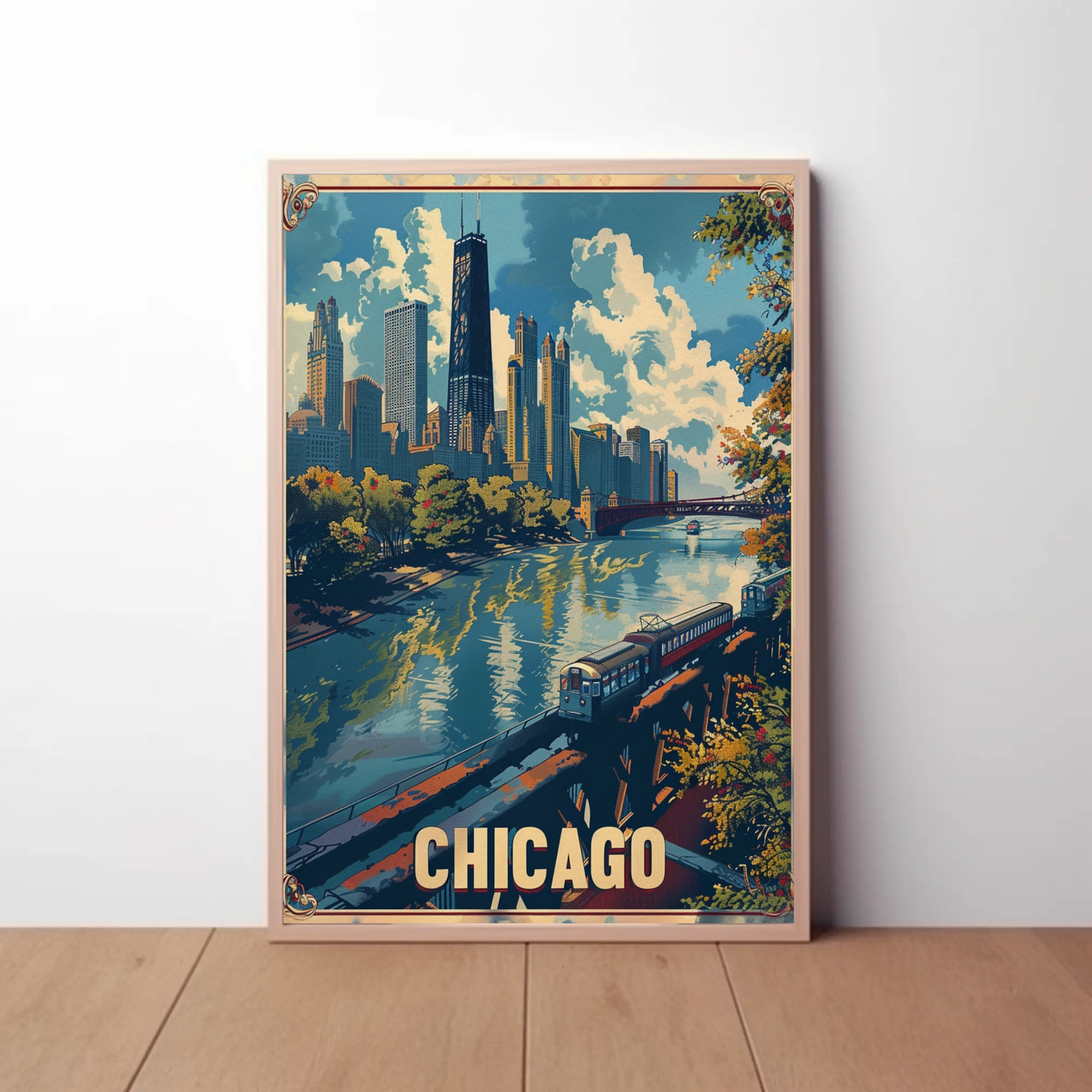 Chicago Train City Buildings Waterfront Skyline Travel Poster
