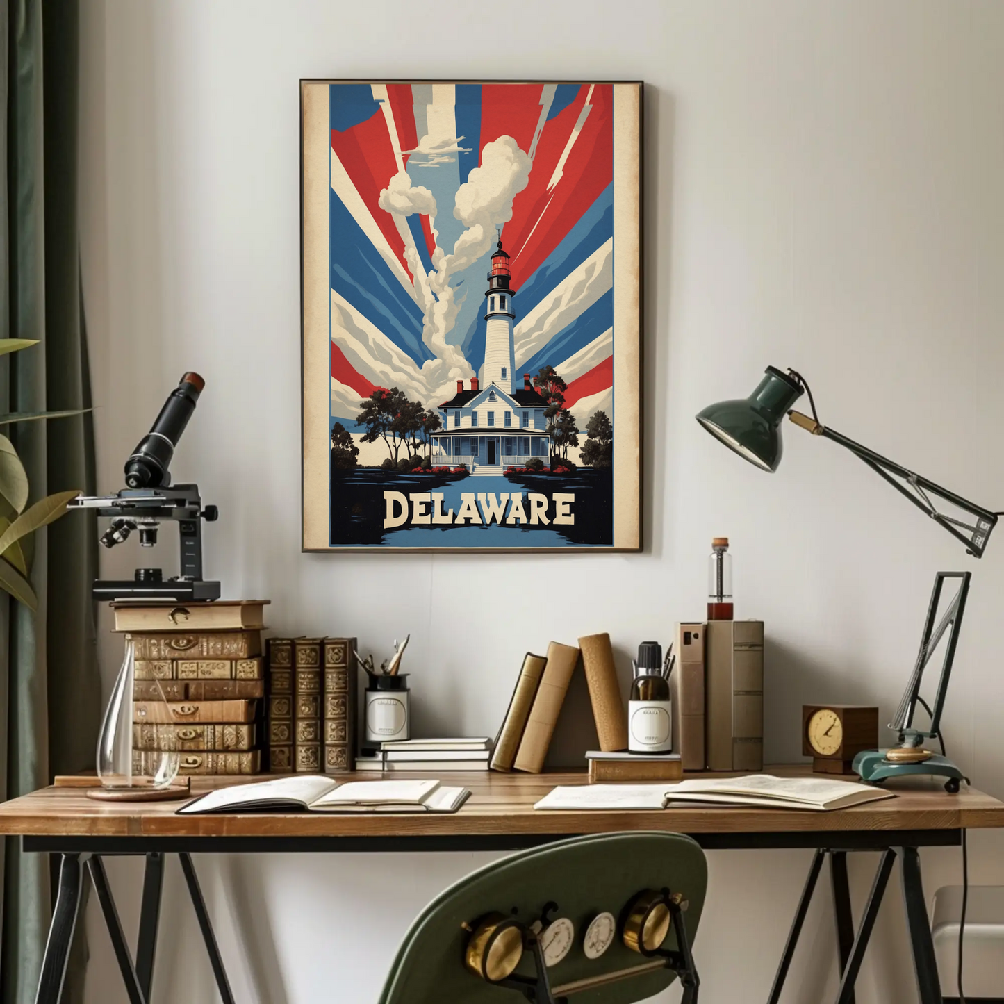 Delaware Lighthouse Patriotic Rays Vintage Travel Poster