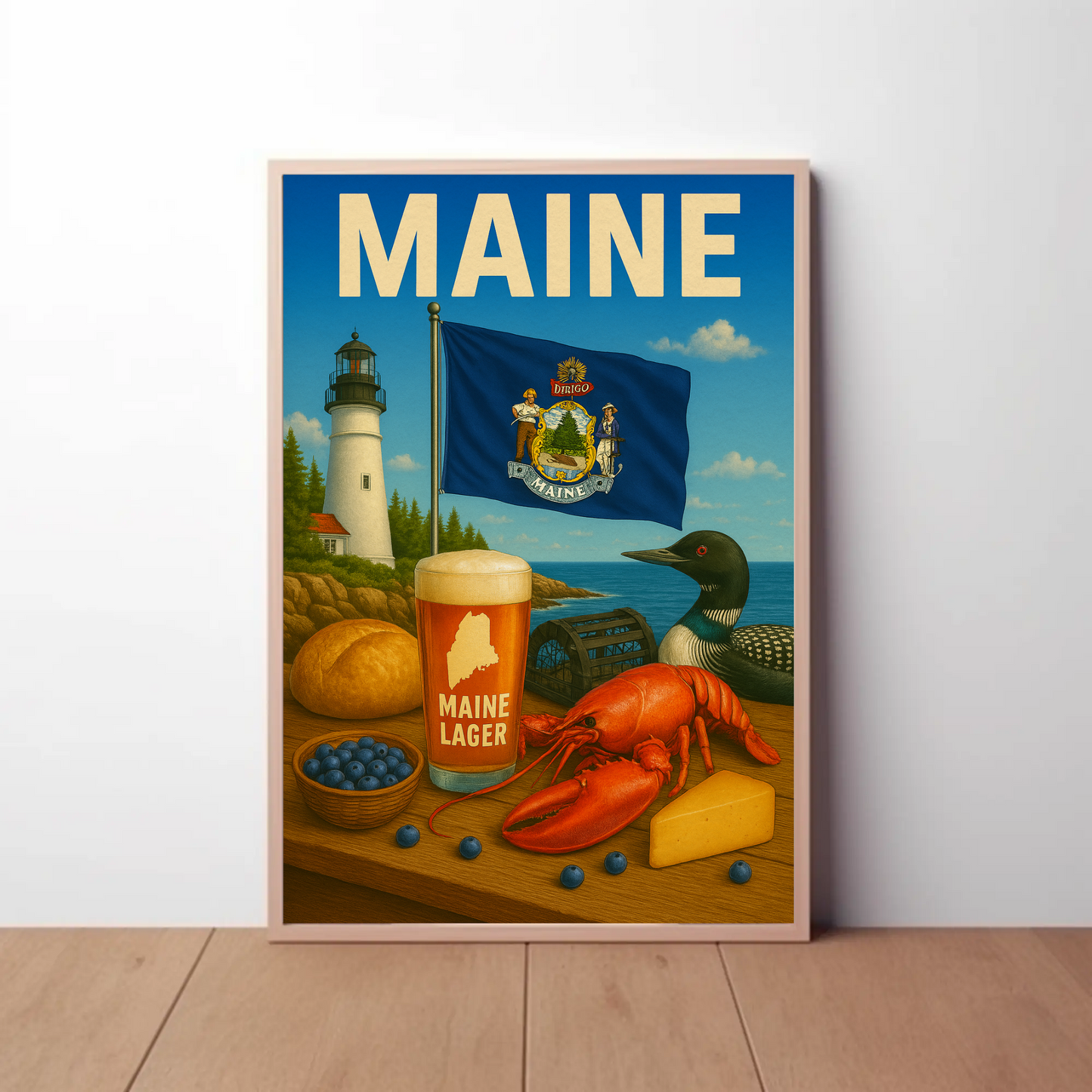 Maine Lobster Lighthouse Blueberry Beer Nature Travel Poster
