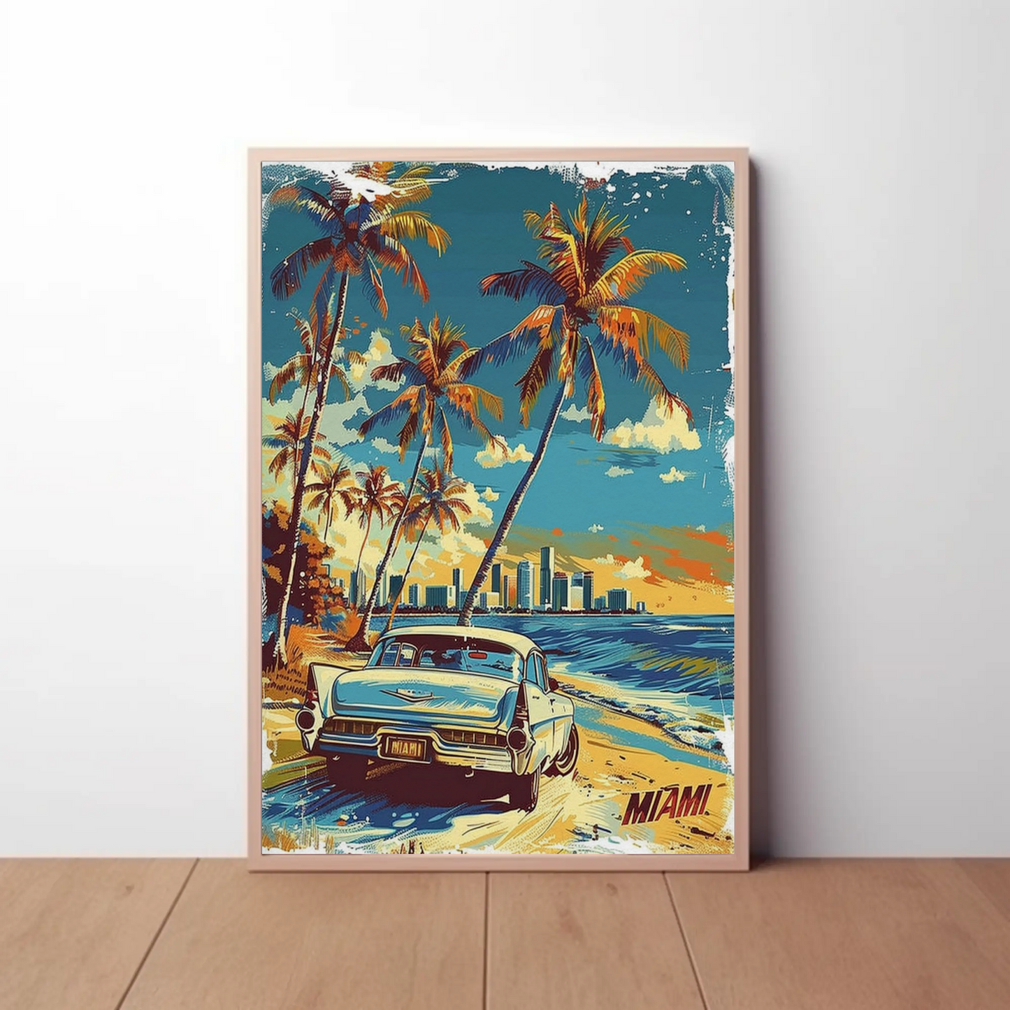Miami Classic Car Palm Trees Beach Scene Travel Poster Travel Poster