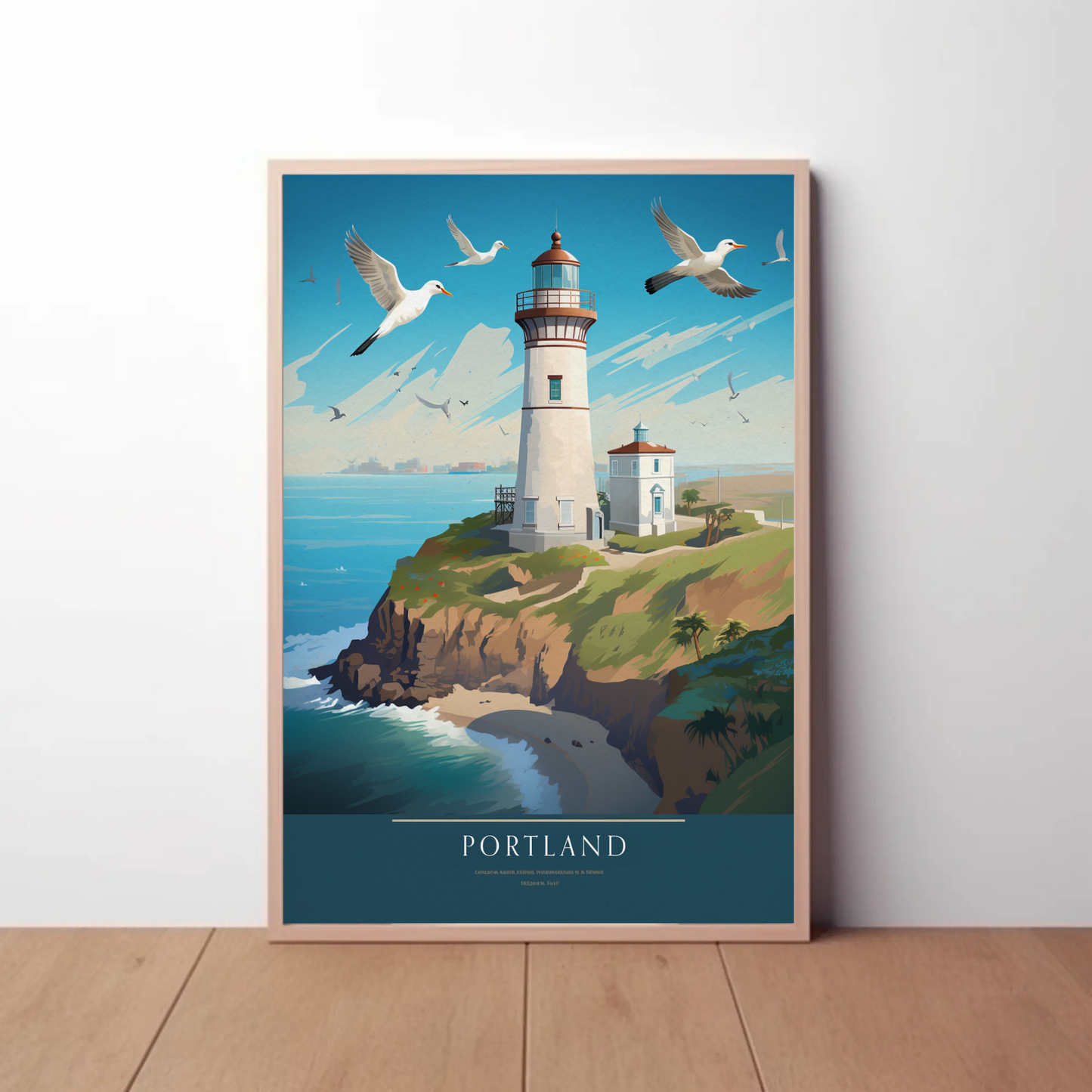Portland Coastal Lighthouse and Seagulls Travel Poster