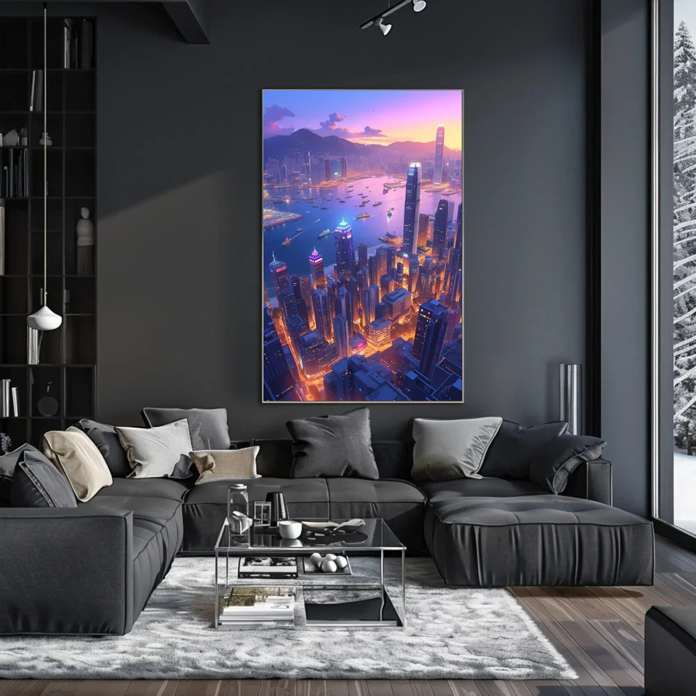 Futuristic Cityscape Poster: Neon Harbor at Dusk