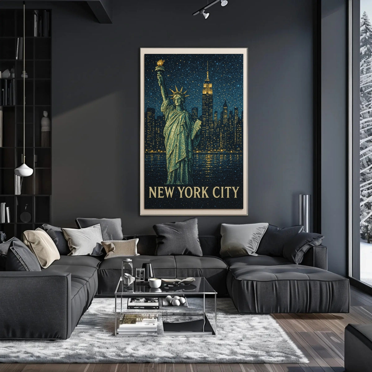 Statue Of Liberty Poster Modern Nighttime Skyline Wall Art