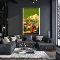 Serene Mountain Village with Traditional Attire Poster