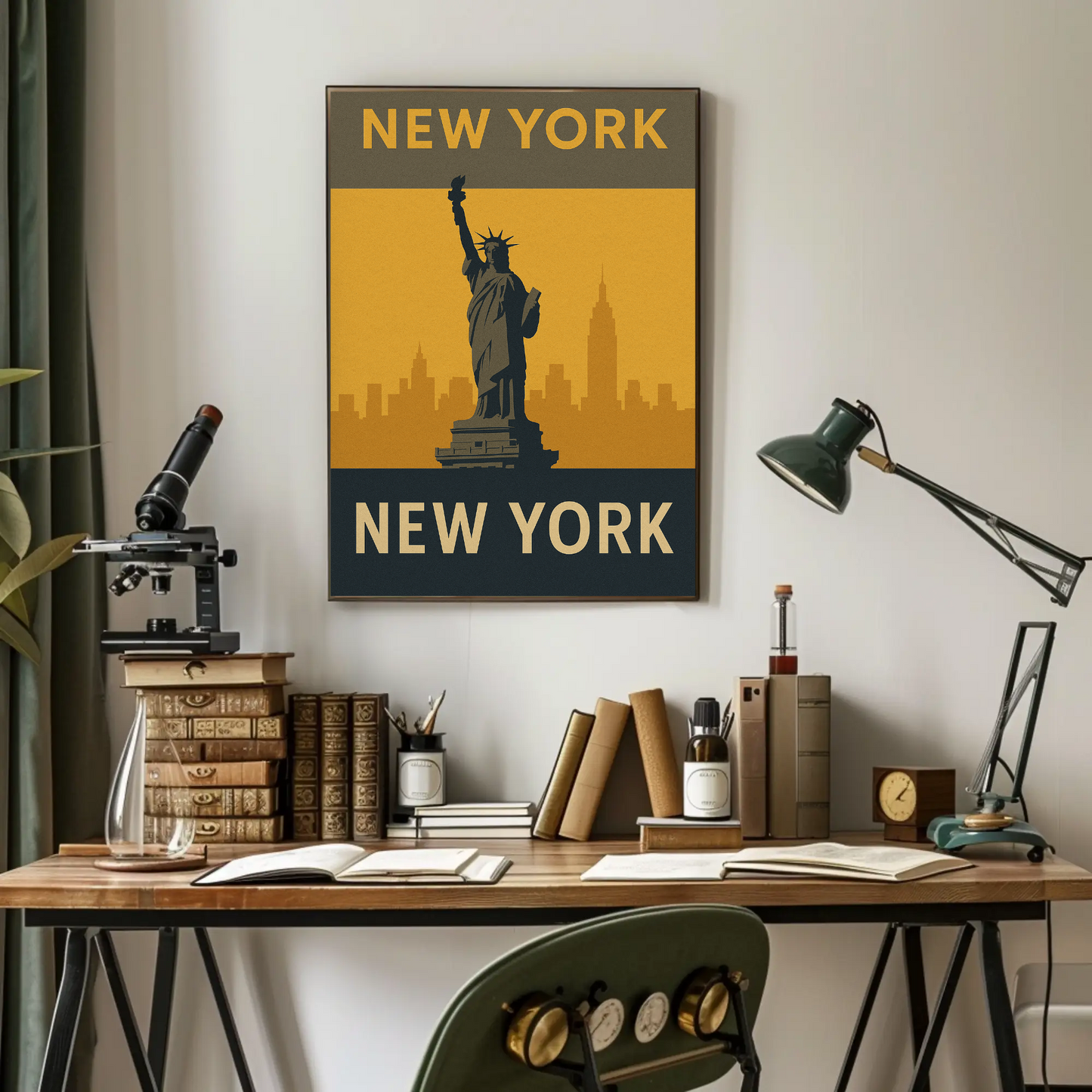 New York City Statue Skyline Yellow Vintage Travel Poster