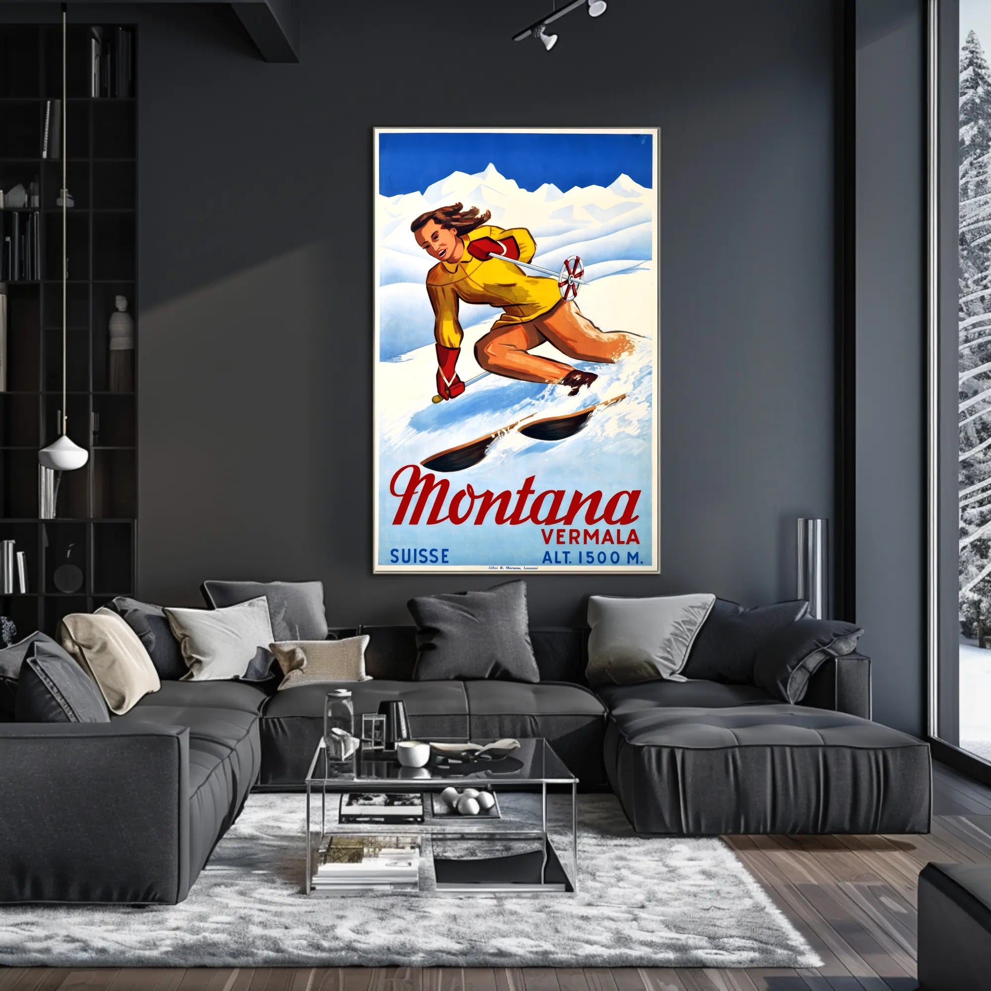 Skiing in Montana, Switzerland Poster PosterGoat