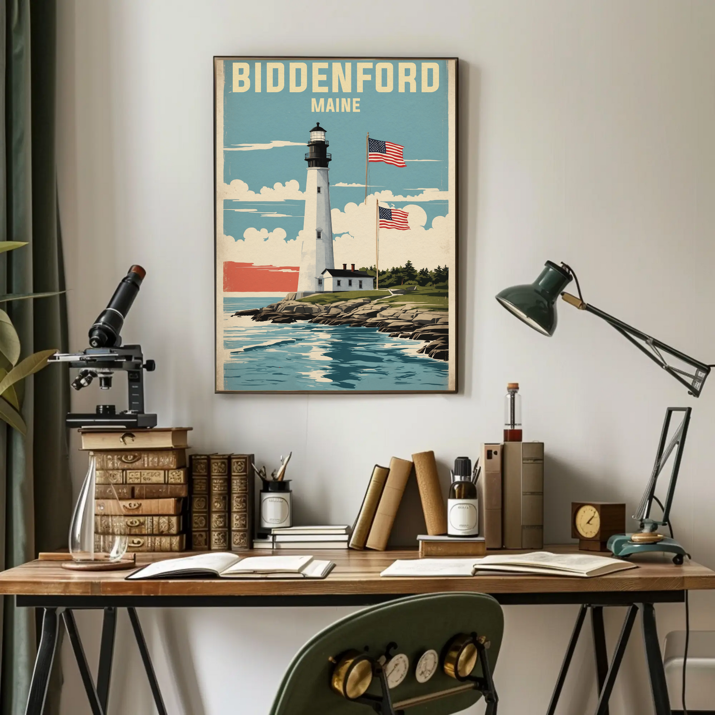 Biddeford Maine Seaside Lighthouse Vintage Travel Poster