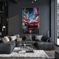 Futuristic Cityscape Sports Car Neon Lights Poster
