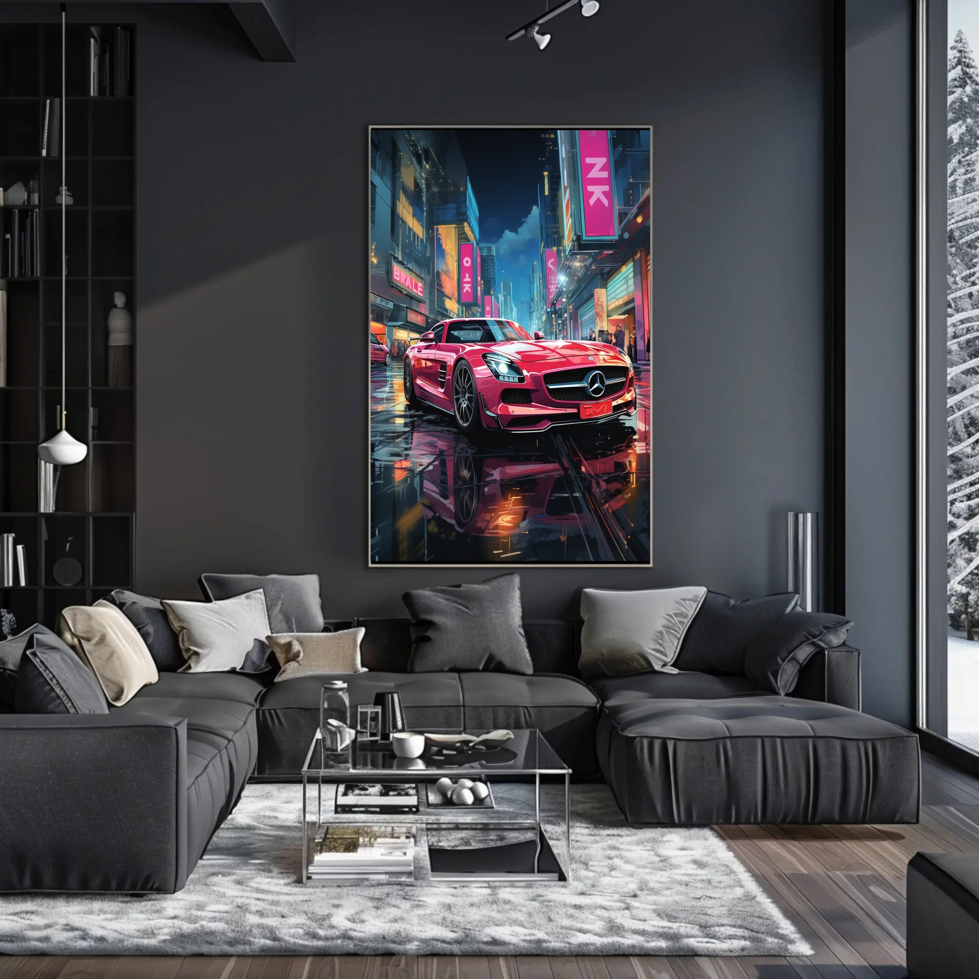 Futuristic Cityscape Sports Car Neon Lights Poster