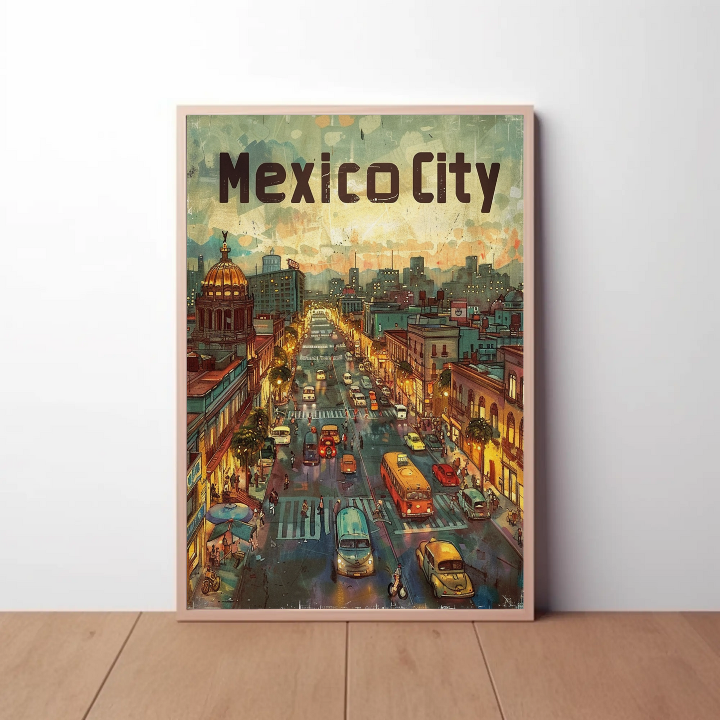 Mexico City Urban Nightlife Lanterns Travel Poster